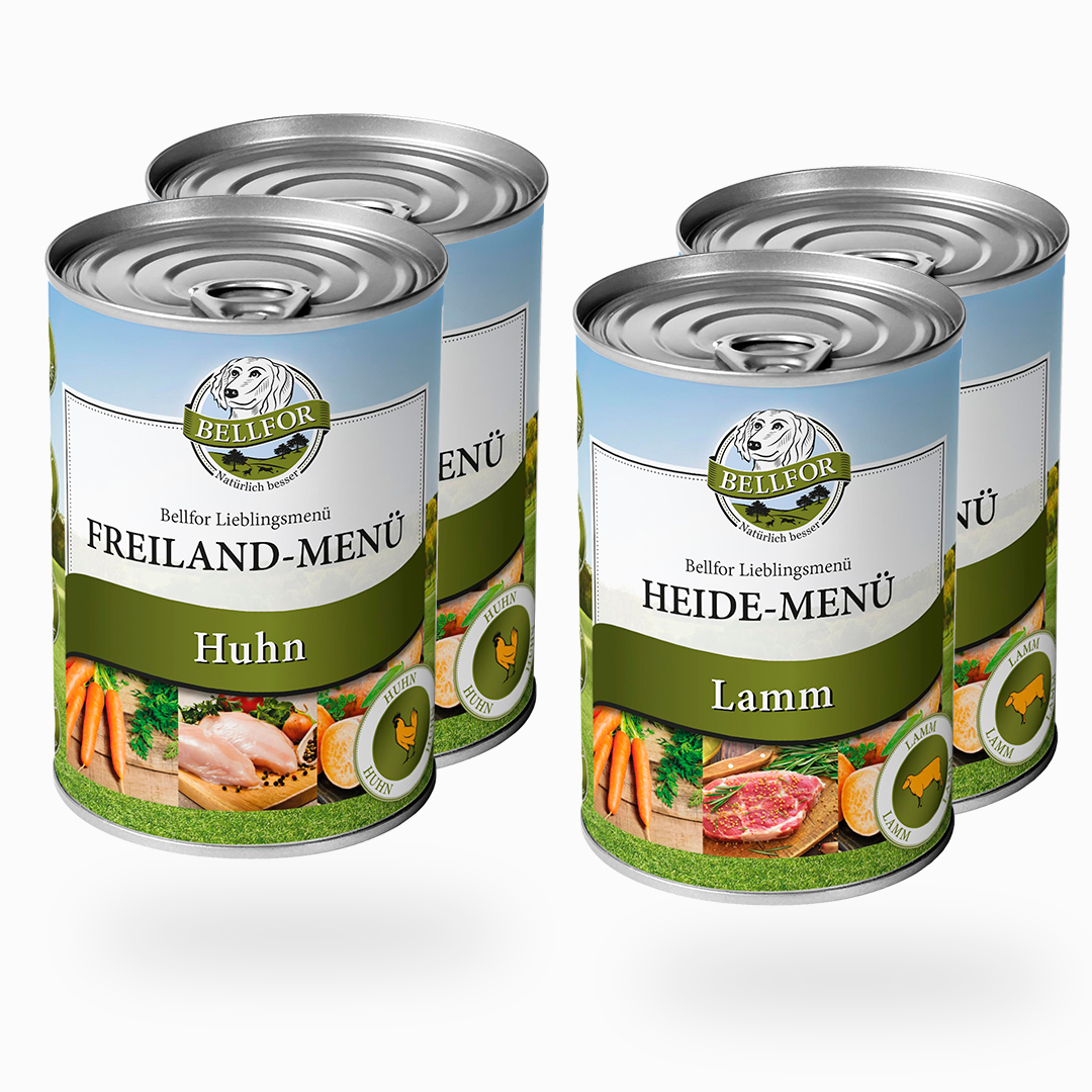 Starter-Paket Hundefutter Nass mit Huhn und Lamm - Freiland-Menü 2 x 400 g + Heide-Menü 2 x 400 g