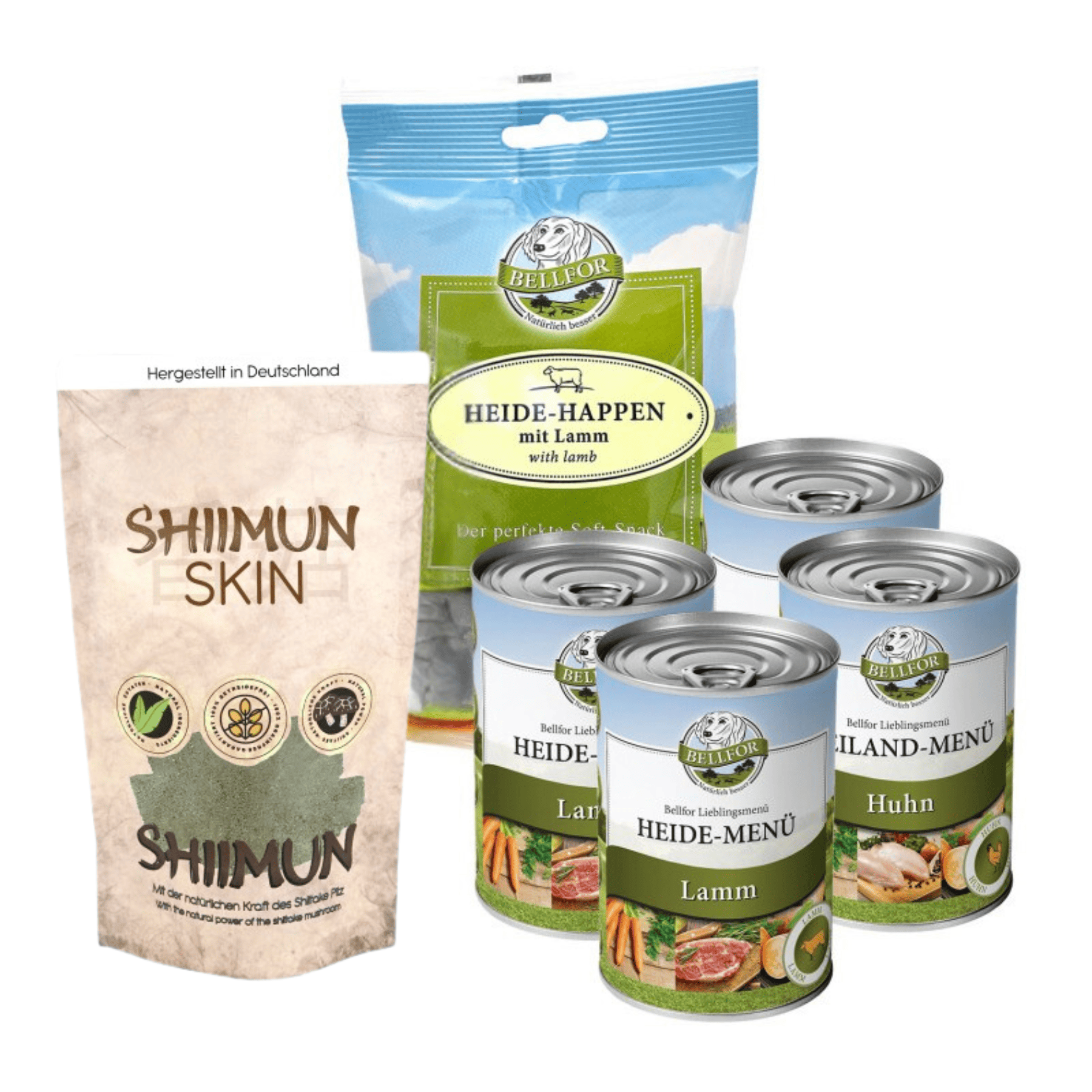 Mops Futter Set - Freiland-Menü 2x400g + Heide-Menü 2x400 g + Heide-Happen 200 g + Shiimun Skin Pulver 50 g