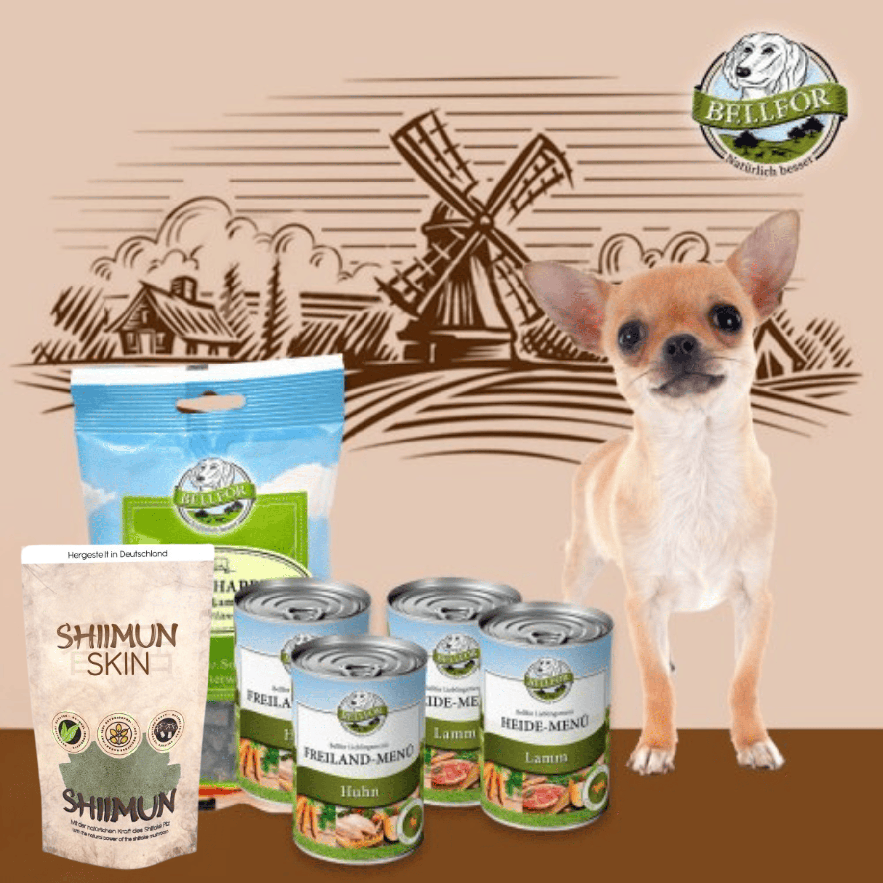 Chihuahua Futter Set - Freiland-Menü 2x400g + Heide-Menü 2x400g + Heide-Happen 200g + Shiimun Skin Pulver 50g
