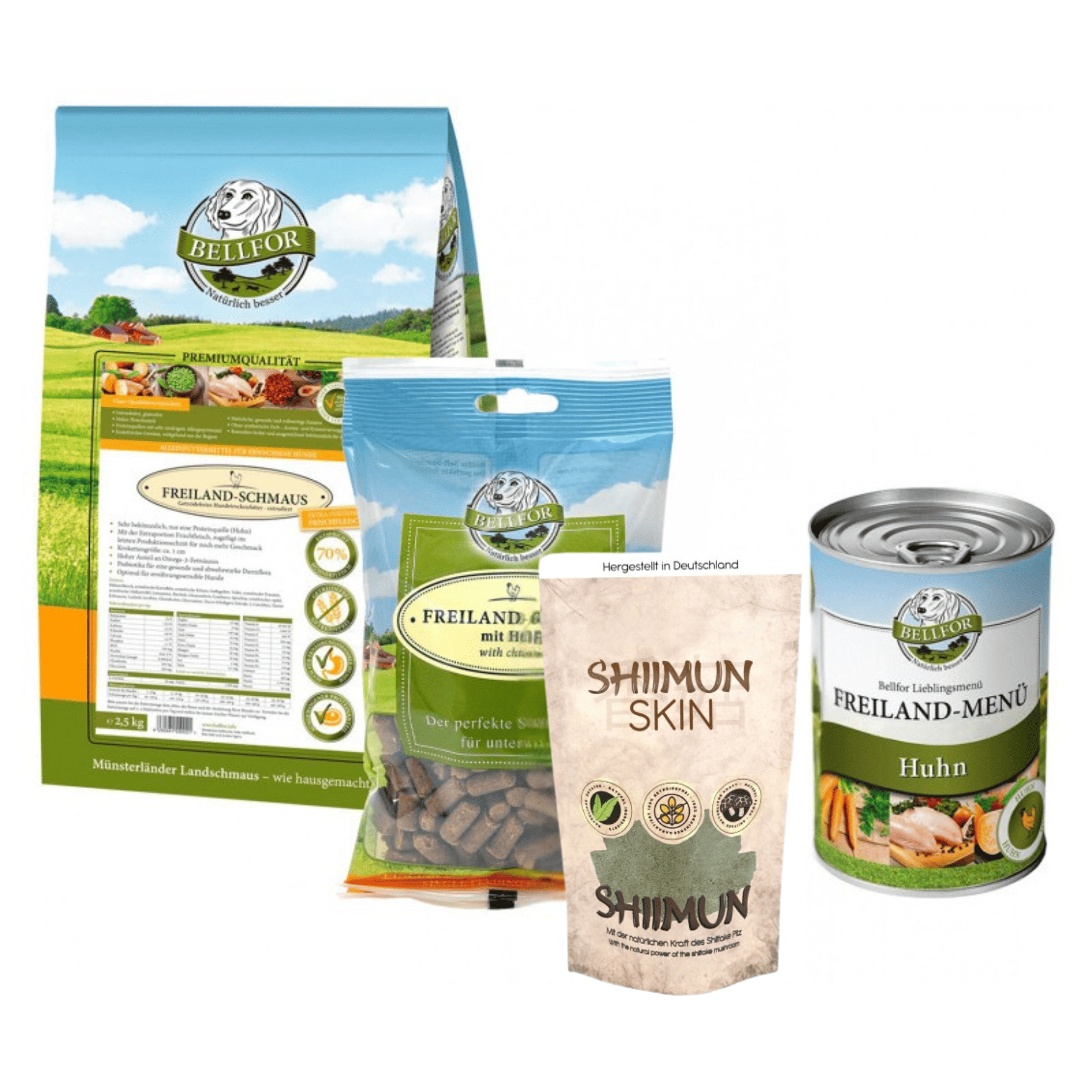 Pudel Futter Set - Freiland-Schmaus 2,5 kg + Freiland-Menü 400 g + Freiland-Happen 200 g + Shiimun Skin Pulver 50 g