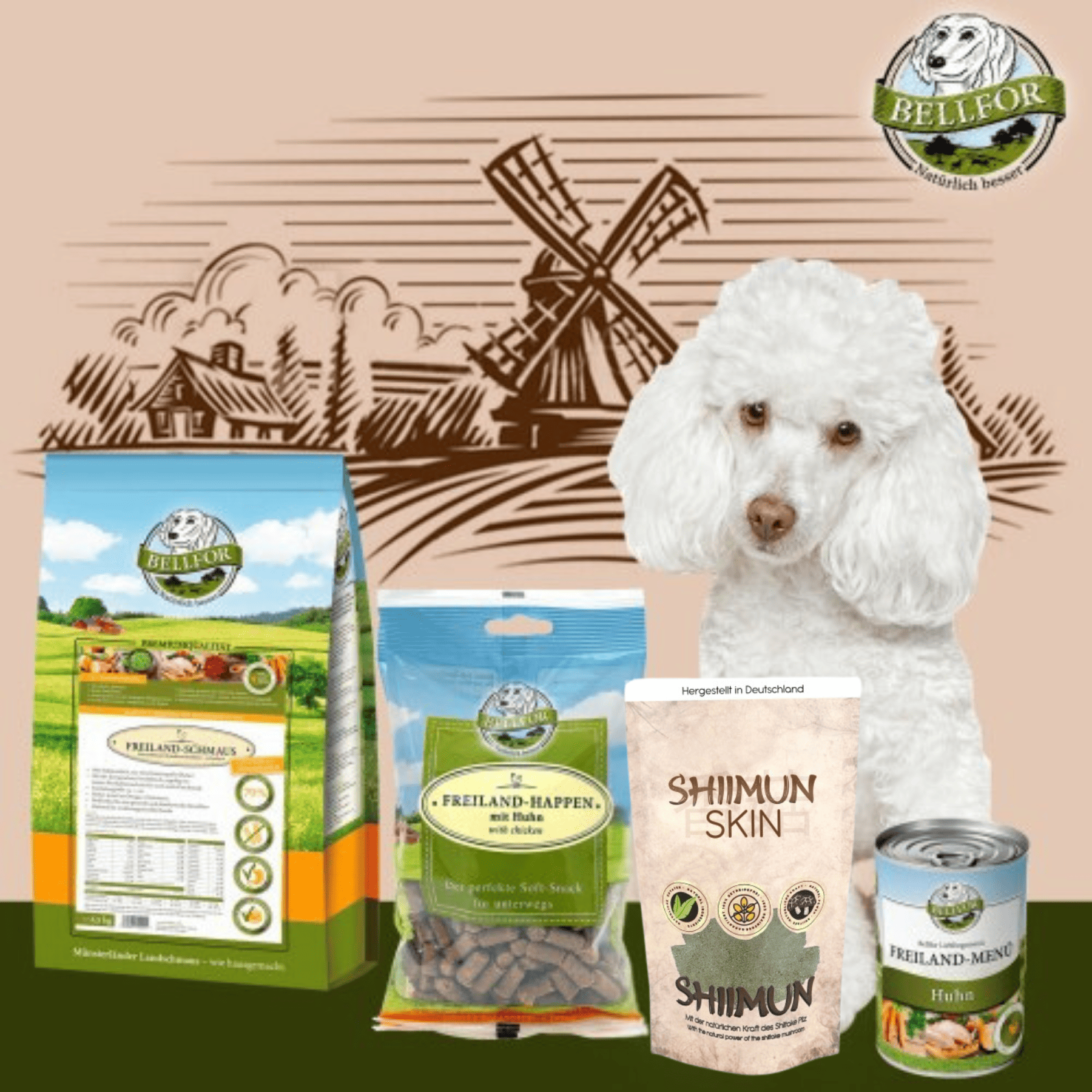 Pudel Futter Set - Freiland-Schmaus 2,5 kg + Freiland-Menü 400 g + Freiland-Happen 200 g + Shiimun Skin Pulver 50 g