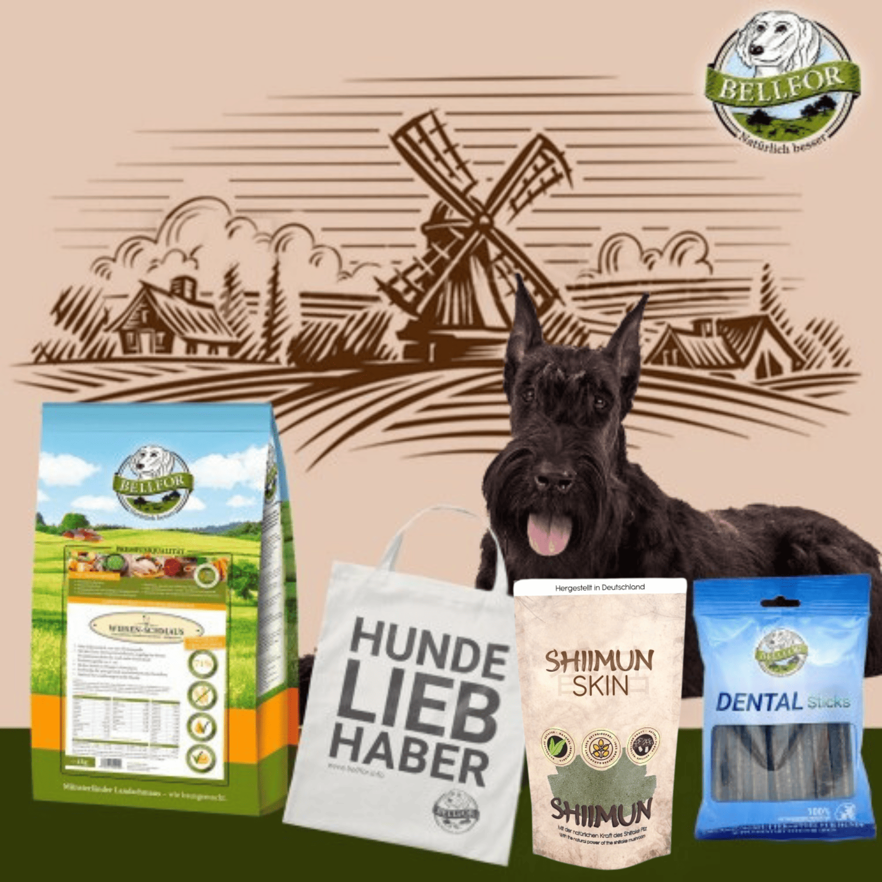 Riesenschnauzer Futter Set - Wiesen-Schmaus 4 kg + Dental Sticks 100 g + Shiimun Pulver 50 g + 1 Jutebeutel