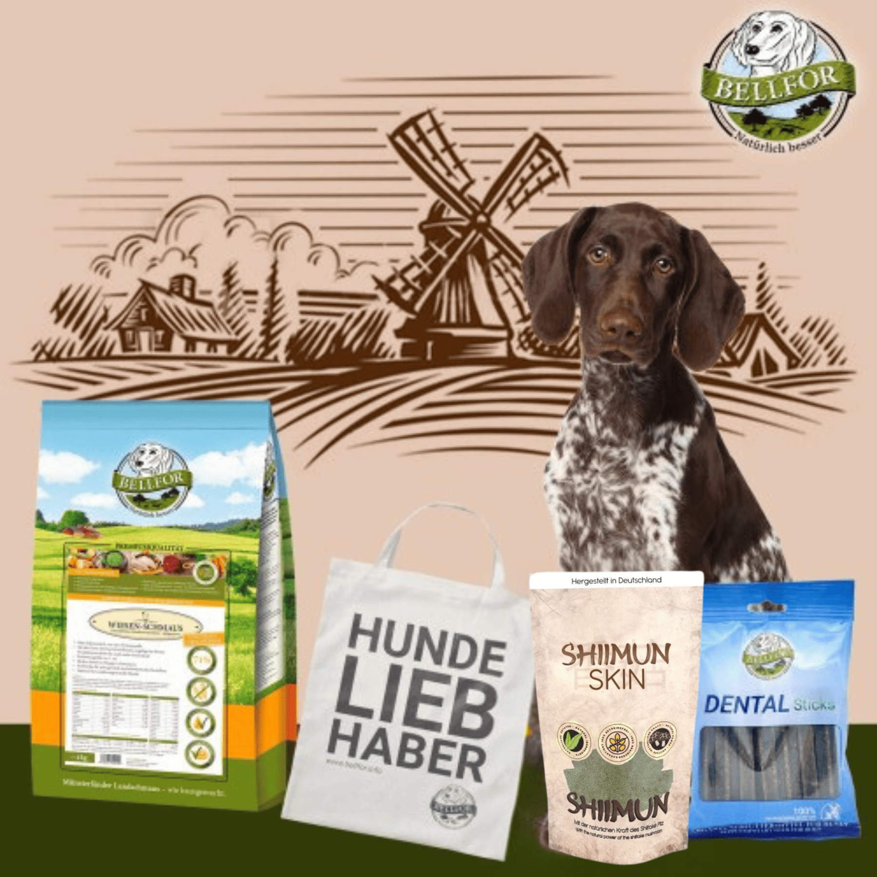 Deutsch Kurzhaar Futter Set - Wiesen-Schmaus 4 kg + Dental Sticks 100 g + Shiimun Skin Pulver 50 g + 1 Jutebeutel