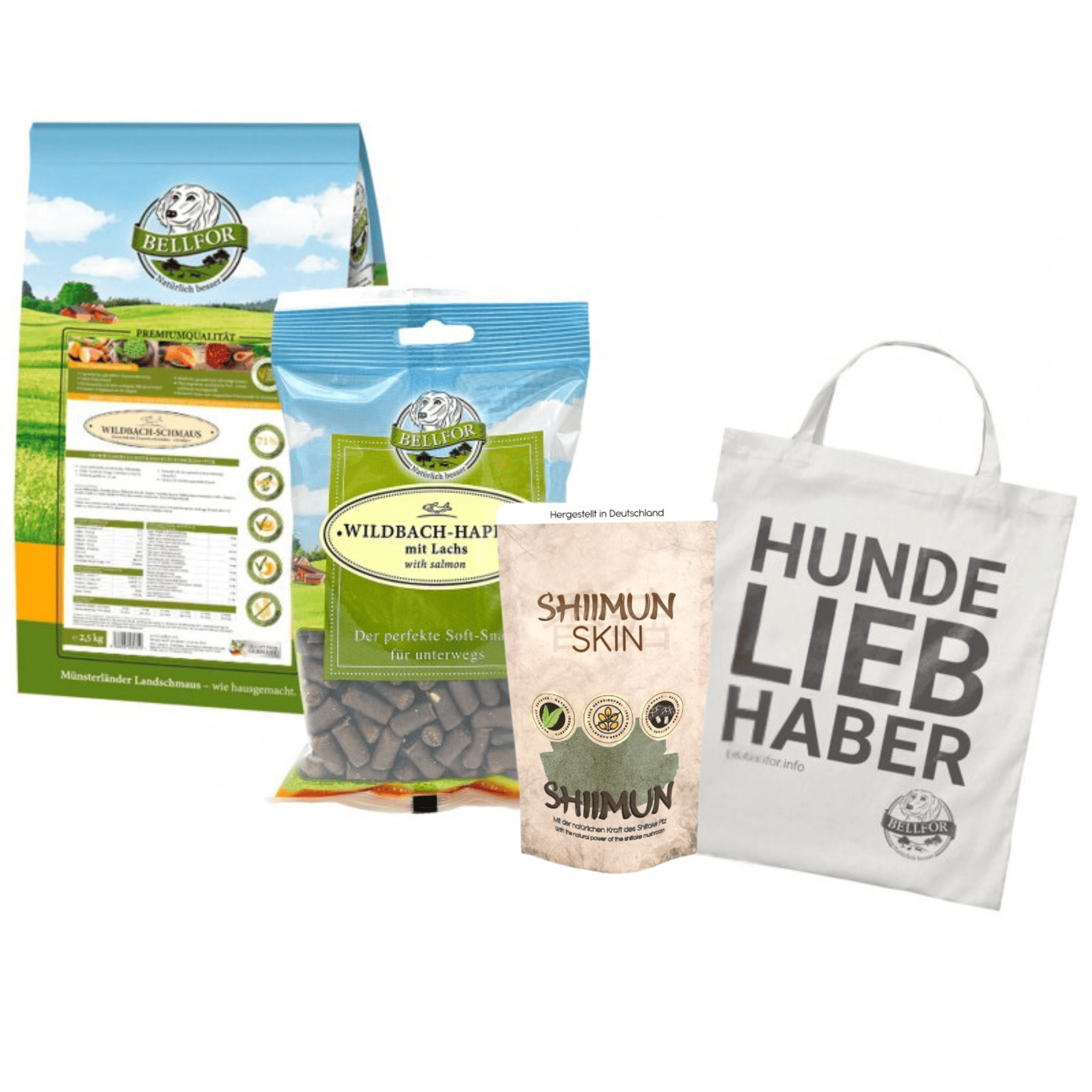 Bearded Collie Futter Set - Wildbach-Schmaus 2,5 kg + Shiimun Skin Pulver 50g + Wildbach-Happen 200g + 1 Jutebeutel