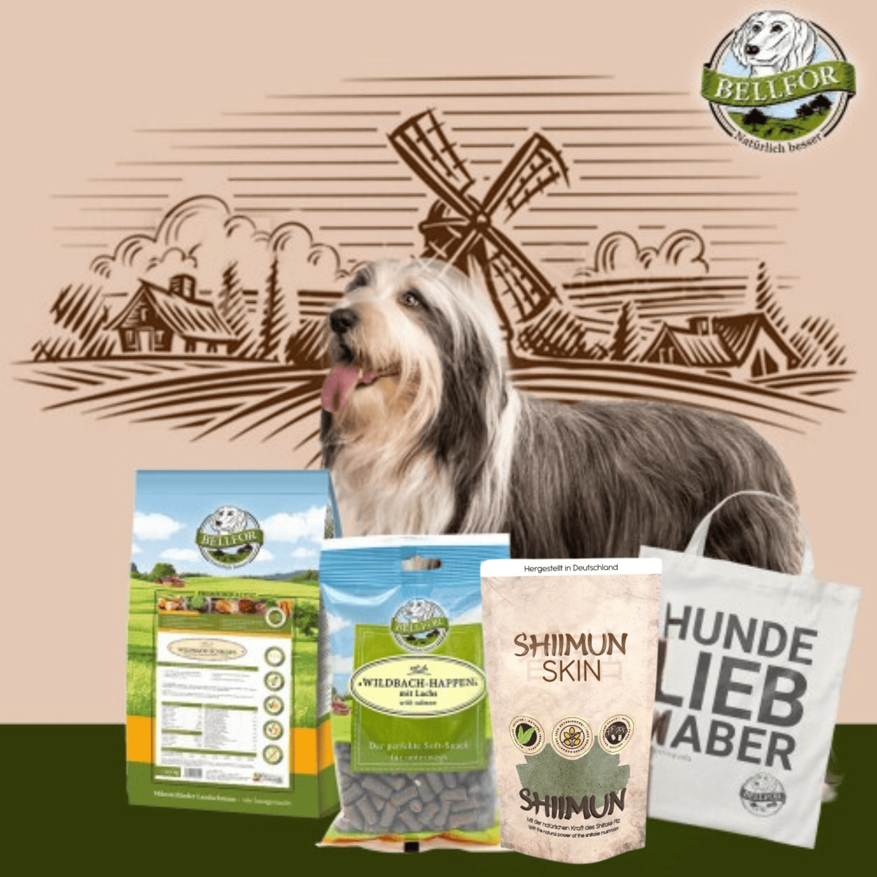 Bearded Collie Futter Set - Wildbach-Schmaus 2,5 kg + Shiimun Skin Pulver 50g + Wildbach-Happen 200g + 1 Jutebeutel