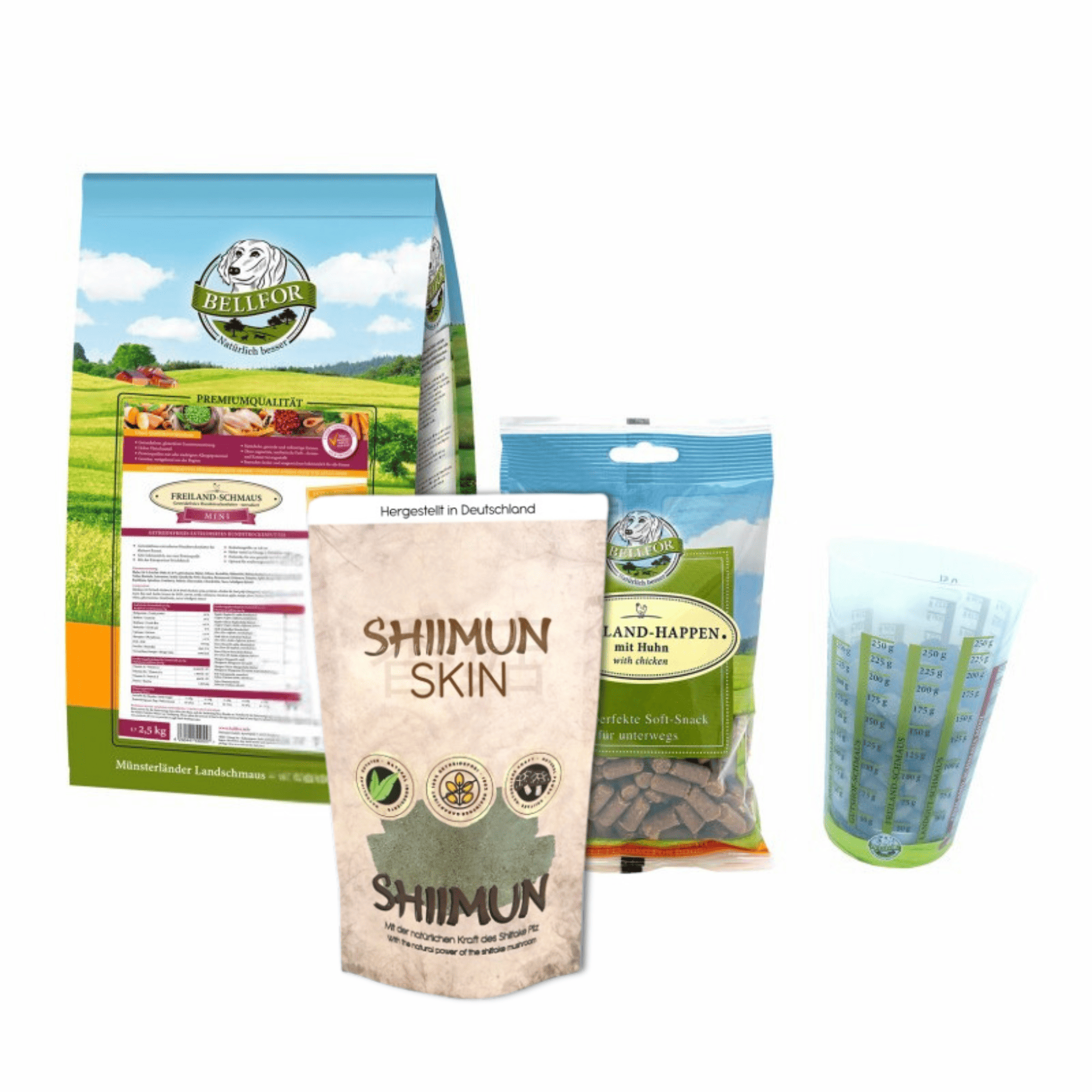 Zwergschnauzer Futter Set - Freiland-Schmaus Mini 2,5 kg + Shiimun Skin Pulver 50 g + Freiland-Happen 200 g + 1 Messbecher