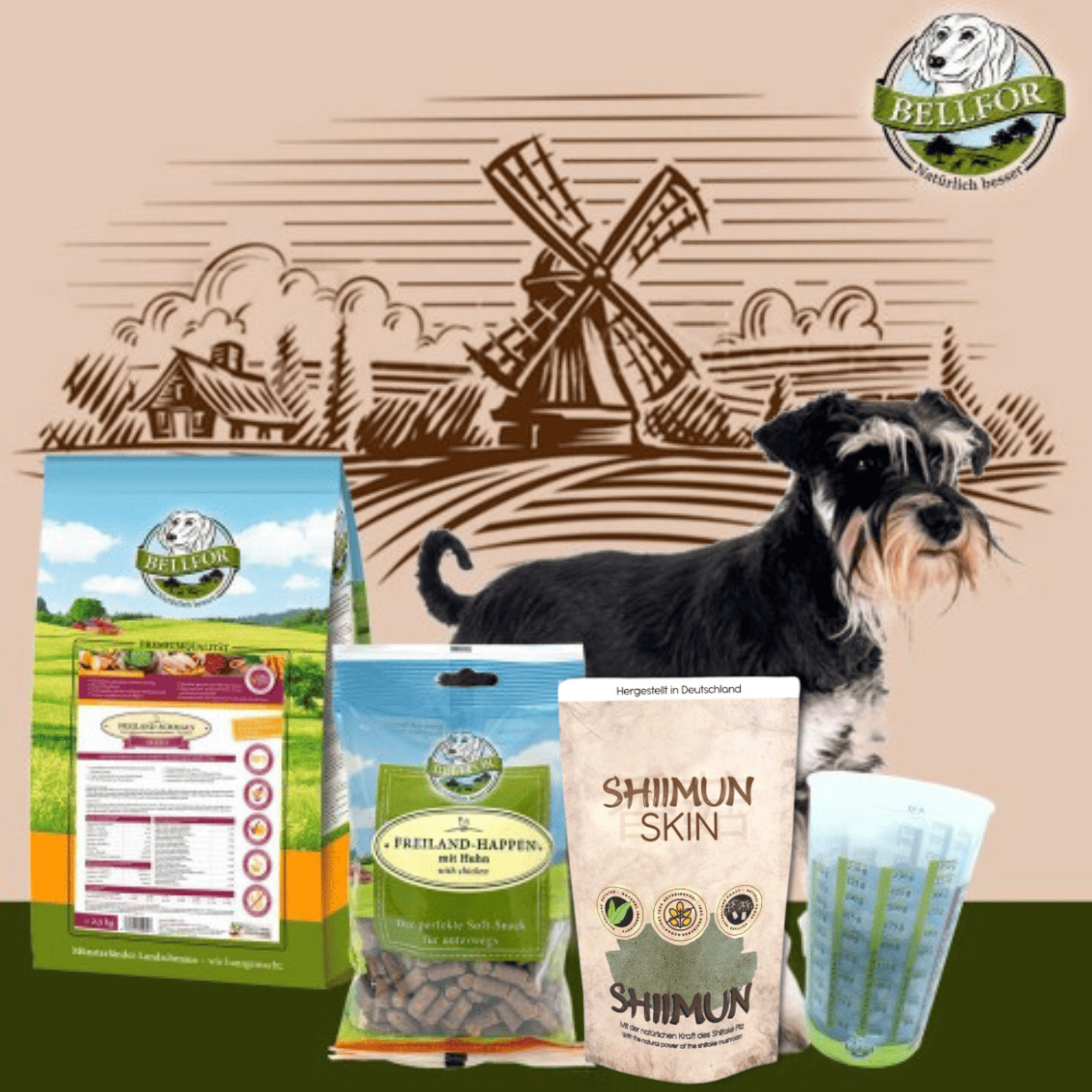 Zwergschnauzer Futter Set - Freiland-Schmaus Mini 2,5 kg + Shiimun Skin Pulver 50 g + Freiland-Happen 200 g + 1 Messbecher