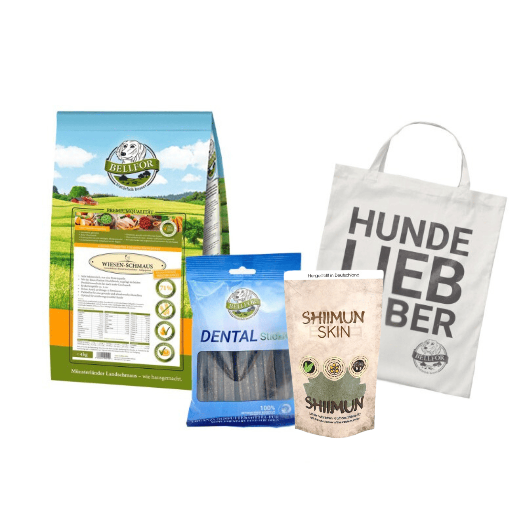 Boxer Futter Set - Wiesen-Schmaus 4 kg + Dental Sticks 100g + Shiimun Skin Pulver 50g + 1 Jutebeutel