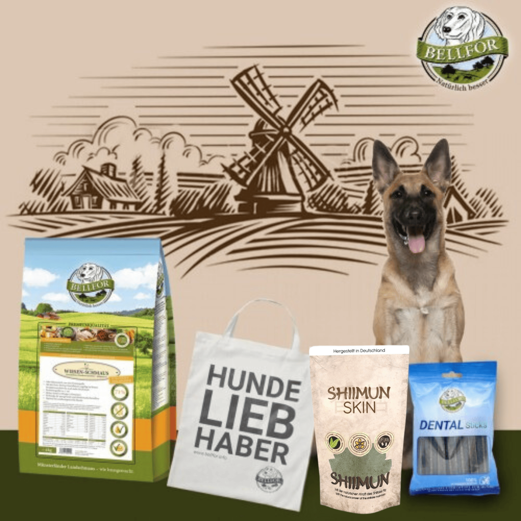 Malinois Futter Set - Wiesen-Schmaus 4 kg + Dental Sticks 100 g + Shiimun Skin Pulver 50 g + 1 Jutebeutel