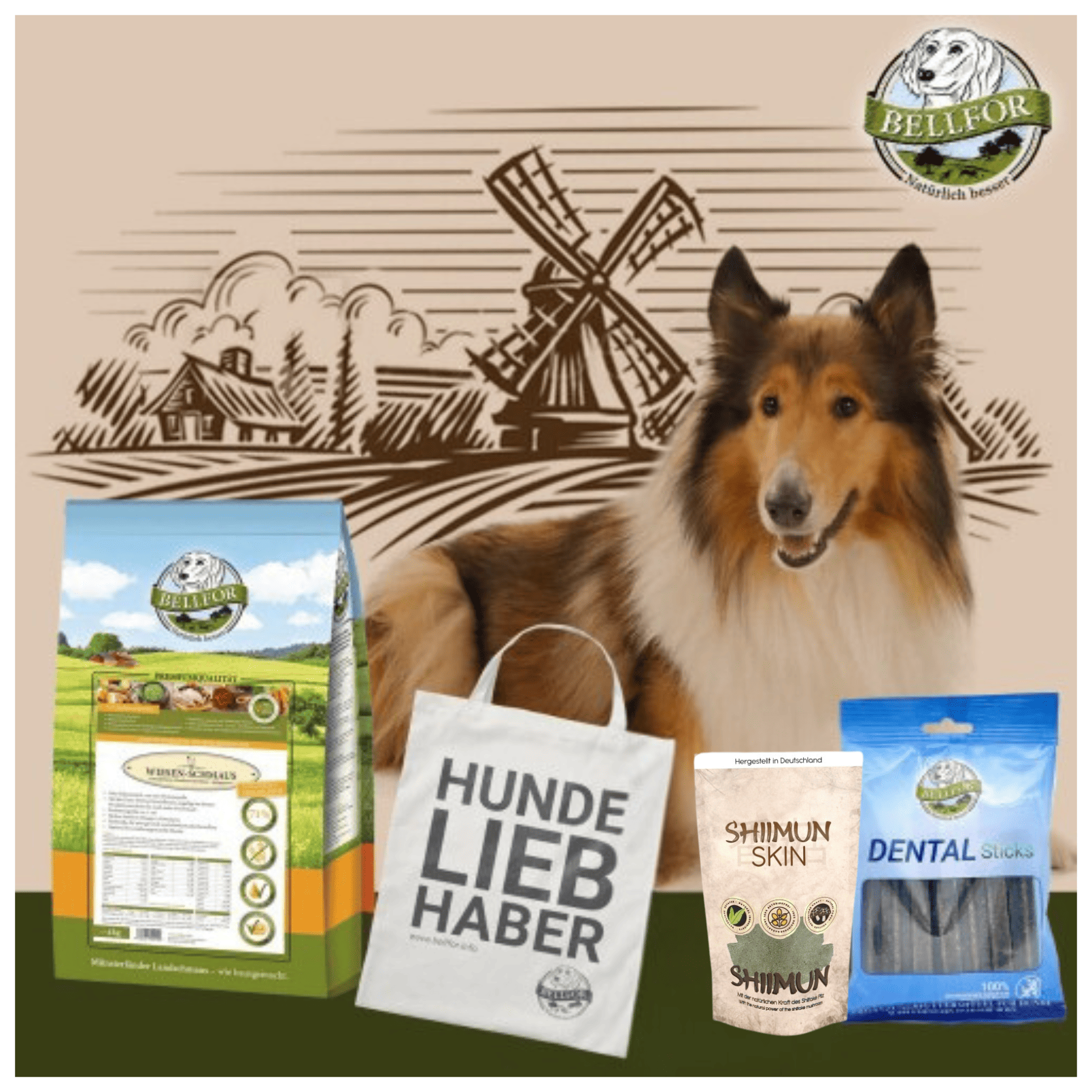 Collie Futter Set - Wiesen-Schmaus 4 kg + Dental Sticks 100 g + Shiimun Skin Pulver 50 g + 1 Jutebeutel