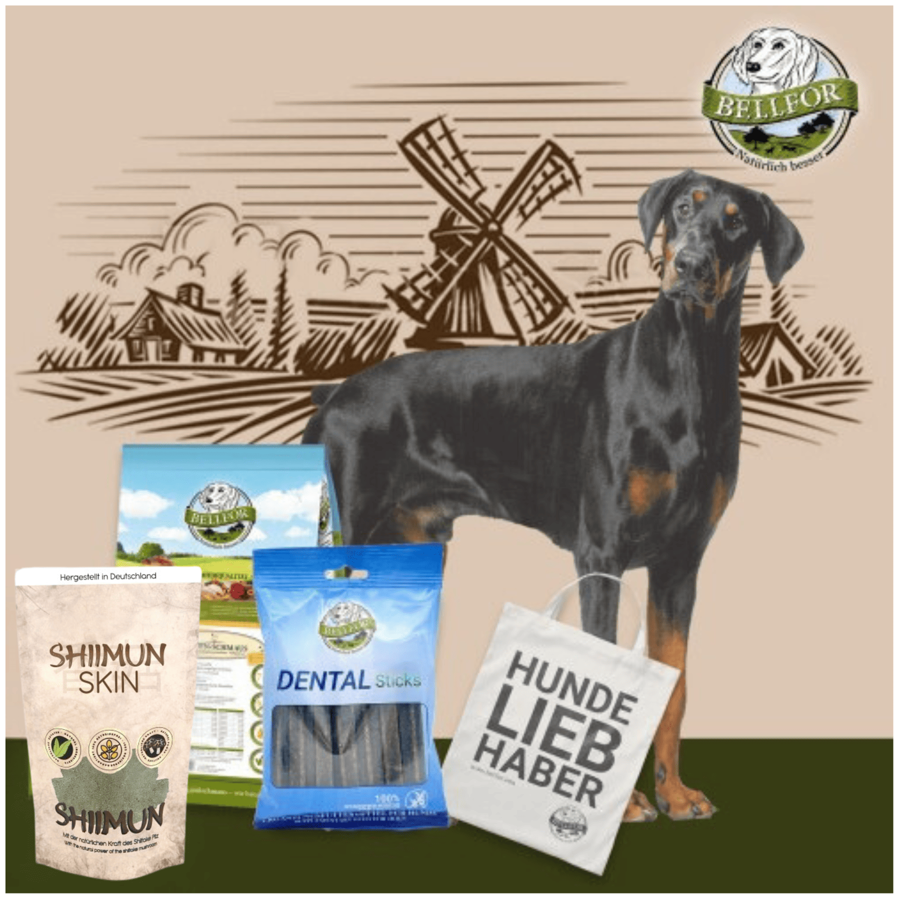 Dobermann Futter Set - Wiesen-Schmaus 4 kg + Dental Sticks 100 g + Shiimun Skin Pulver 50 g + 1 Jutebeutel