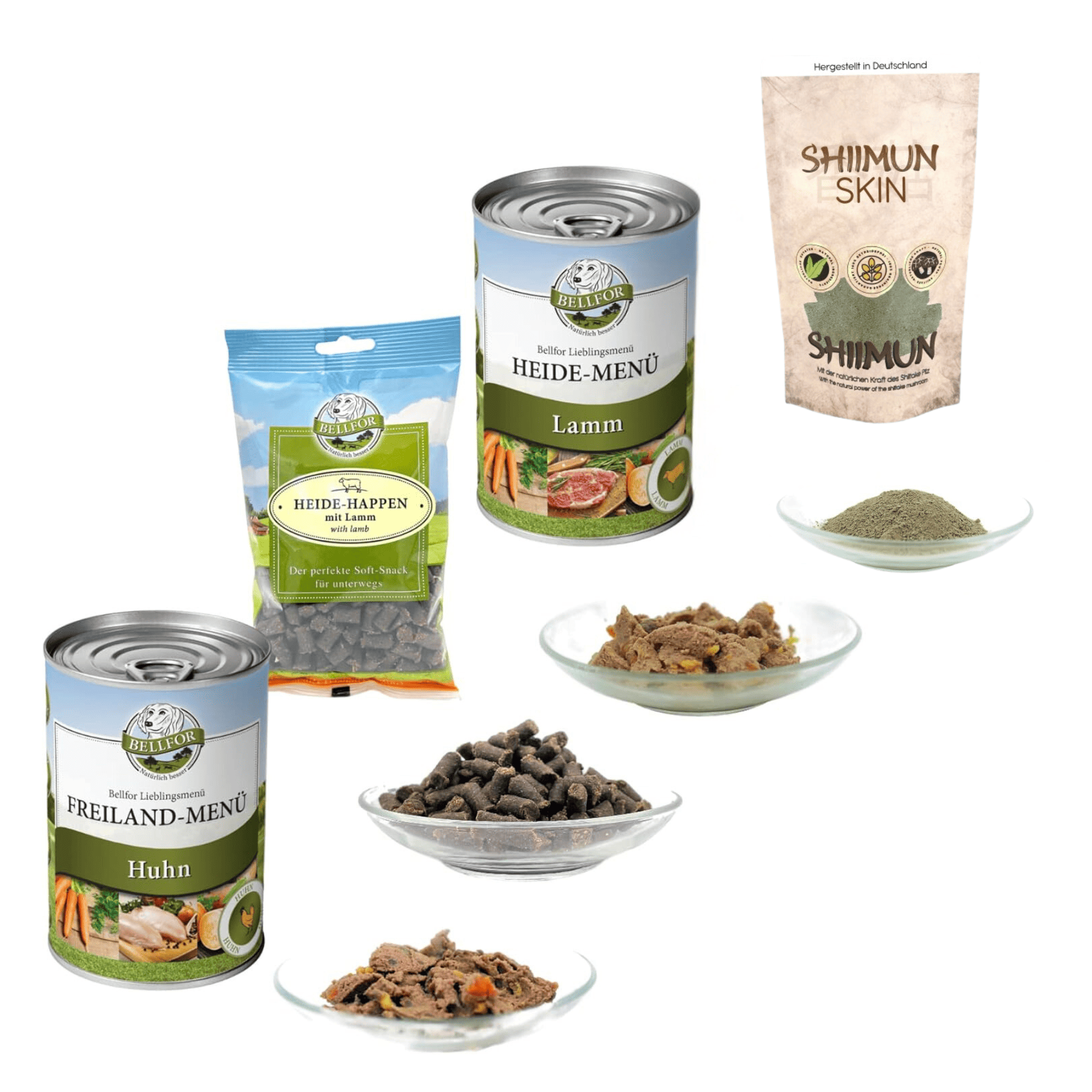 Chihuahua Futter Set - Freiland-Menü 2x400g + Heide-Menü 2x400g + Heide-Happen 200g + Shiimun Skin Pulver 50g