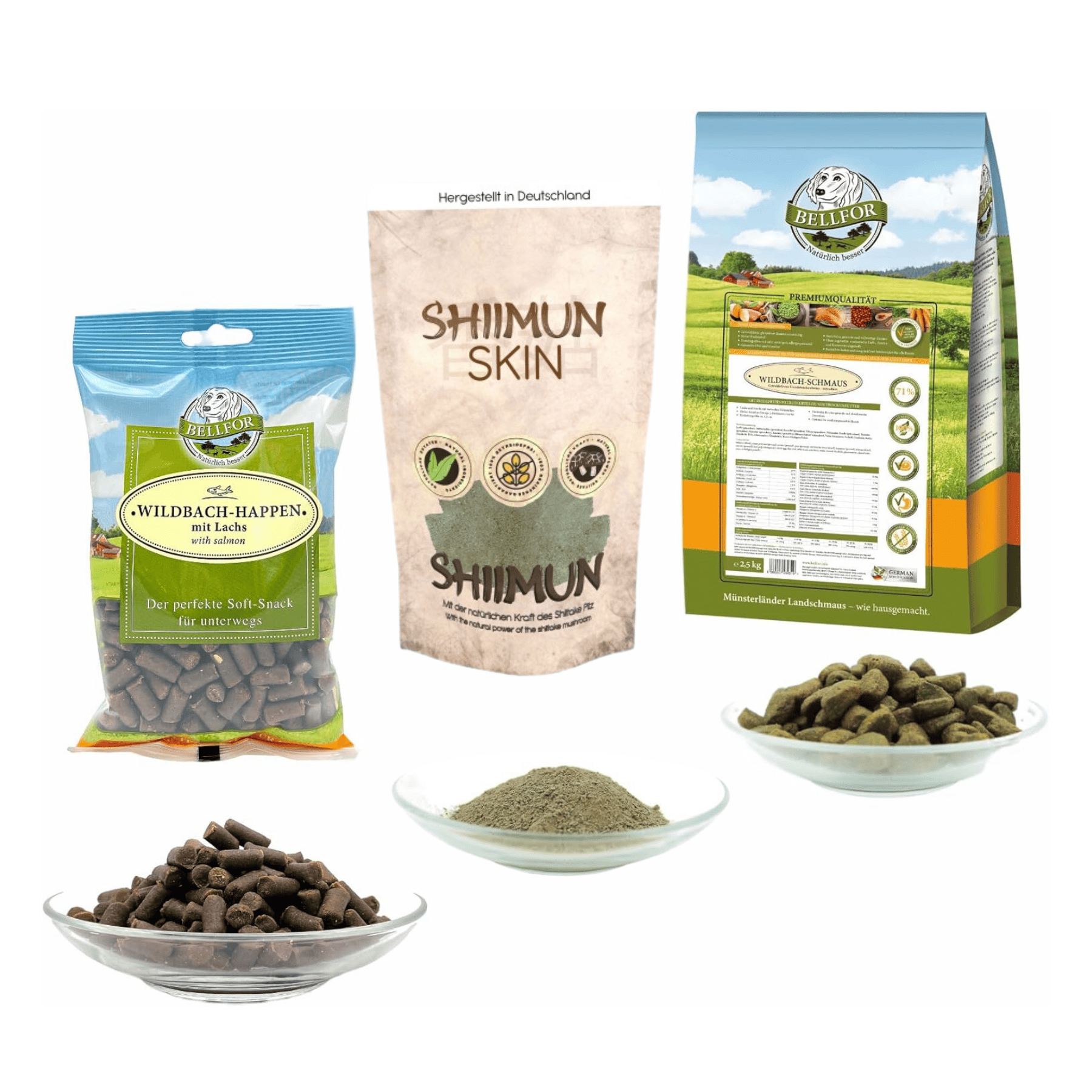 Bearded Collie Futter Set - Wildbach-Schmaus 2,5 kg + Shiimun Skin Pulver 50g + Wildbach-Happen 200g + 1 Jutebeutel