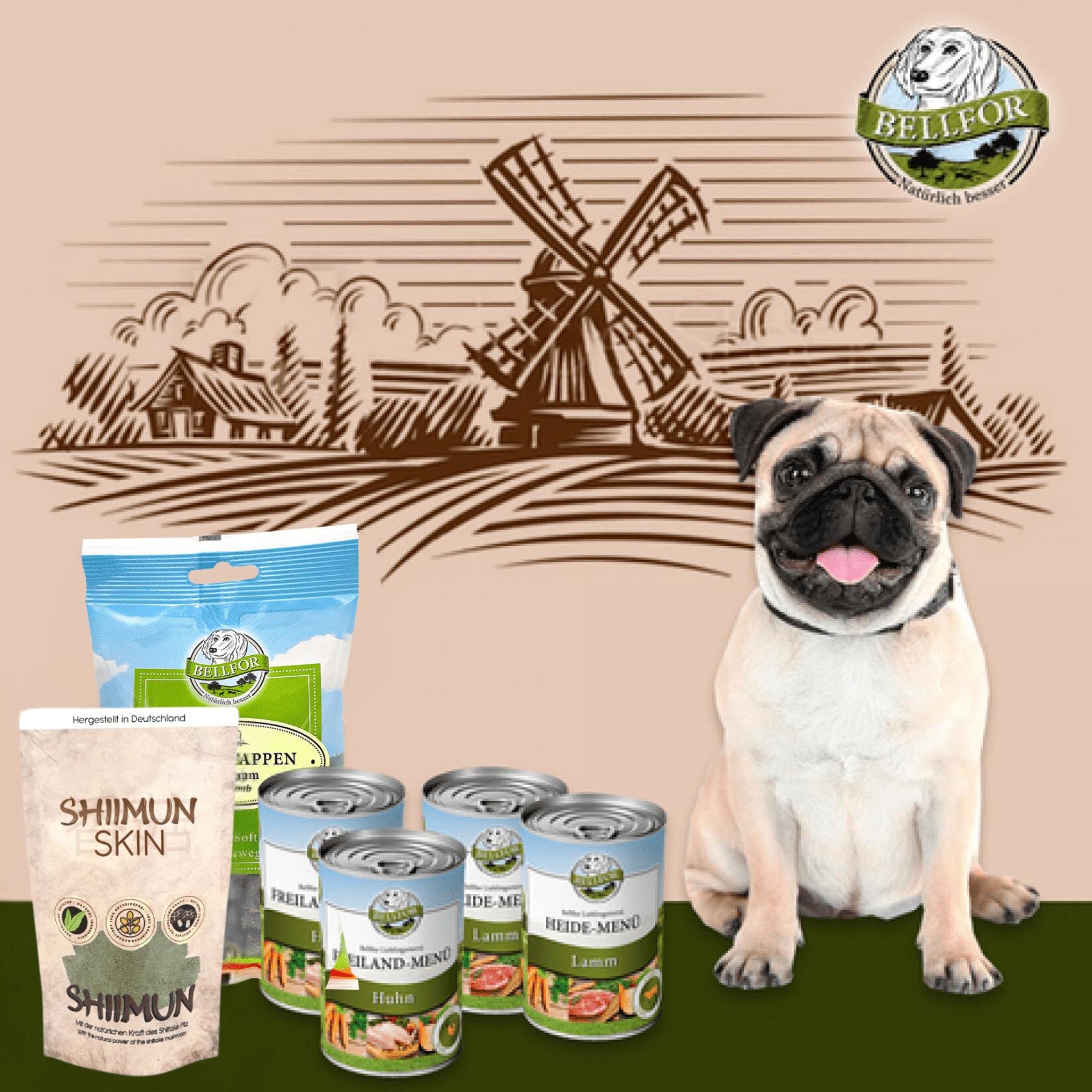 Mops Futter Set - Freiland-Menü 2x400g + Heide-Menü 2x400 g + Heide-Happen 200 g + Shiimun Skin Pulver 50 g