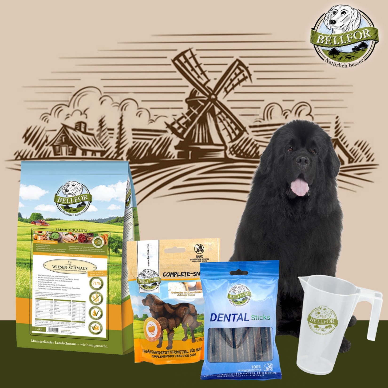 Neufundländer Futter Set - Wiesen-Schmaus 4 kg + Gelenke & Knochen Complete-Snack 150 g + Dental Sticks 100 g + 1 Messbecher