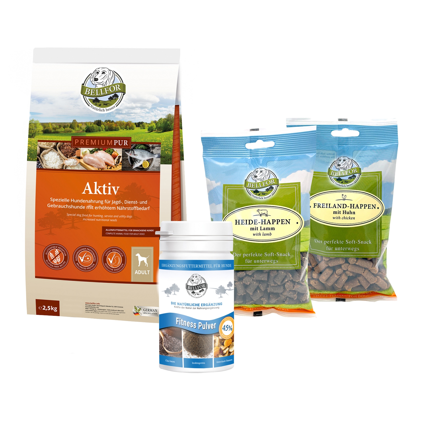 Futterset für körperlich aktive Hunde - Premium PUR Aktiv + Fitness Pulver + Soft-Snacks