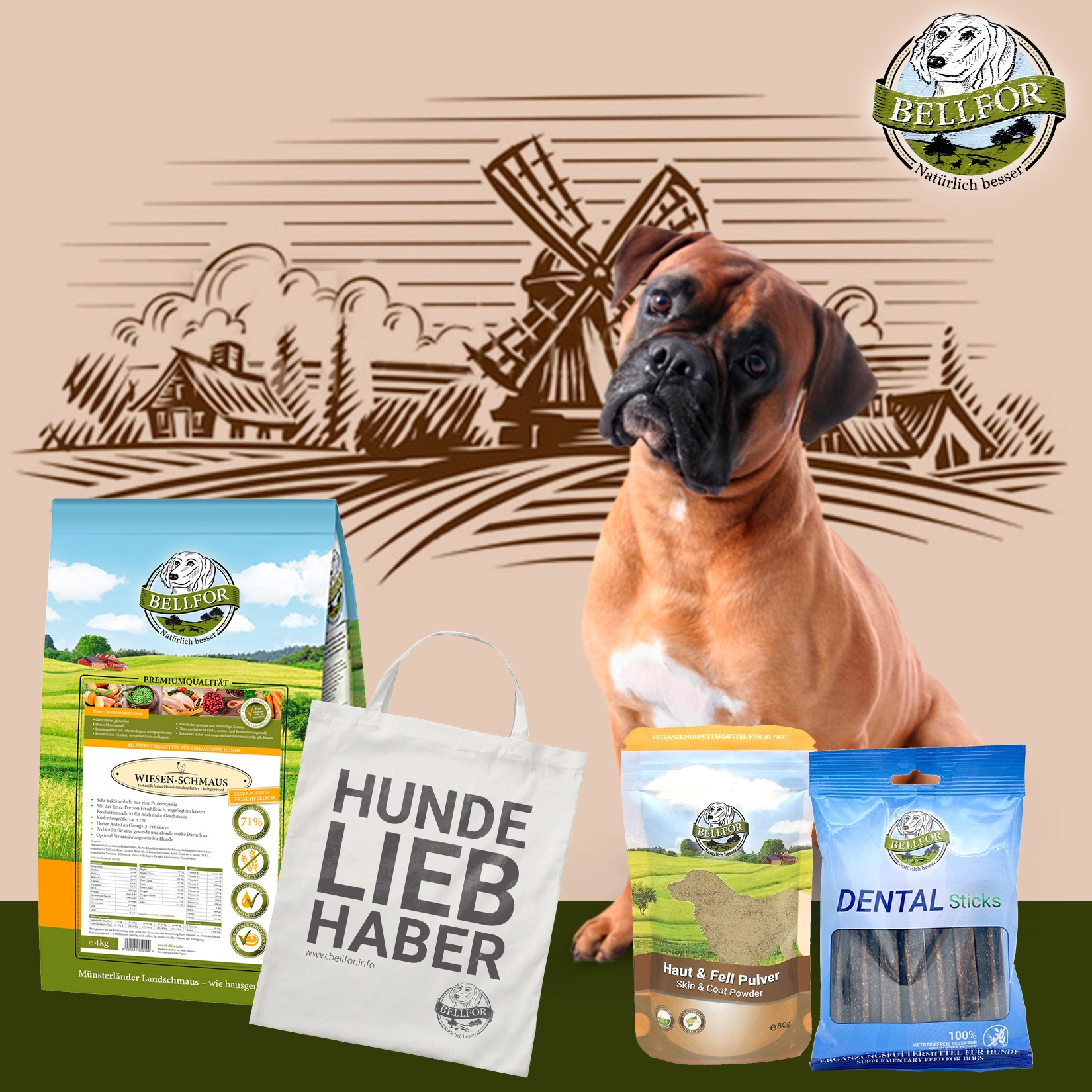 Boxer Futter Set - Wiesen-Schmaus 4 kg + Dental Sticks 100 g + Haut & Fell Pulver 80 g + 1 Jutebeutel