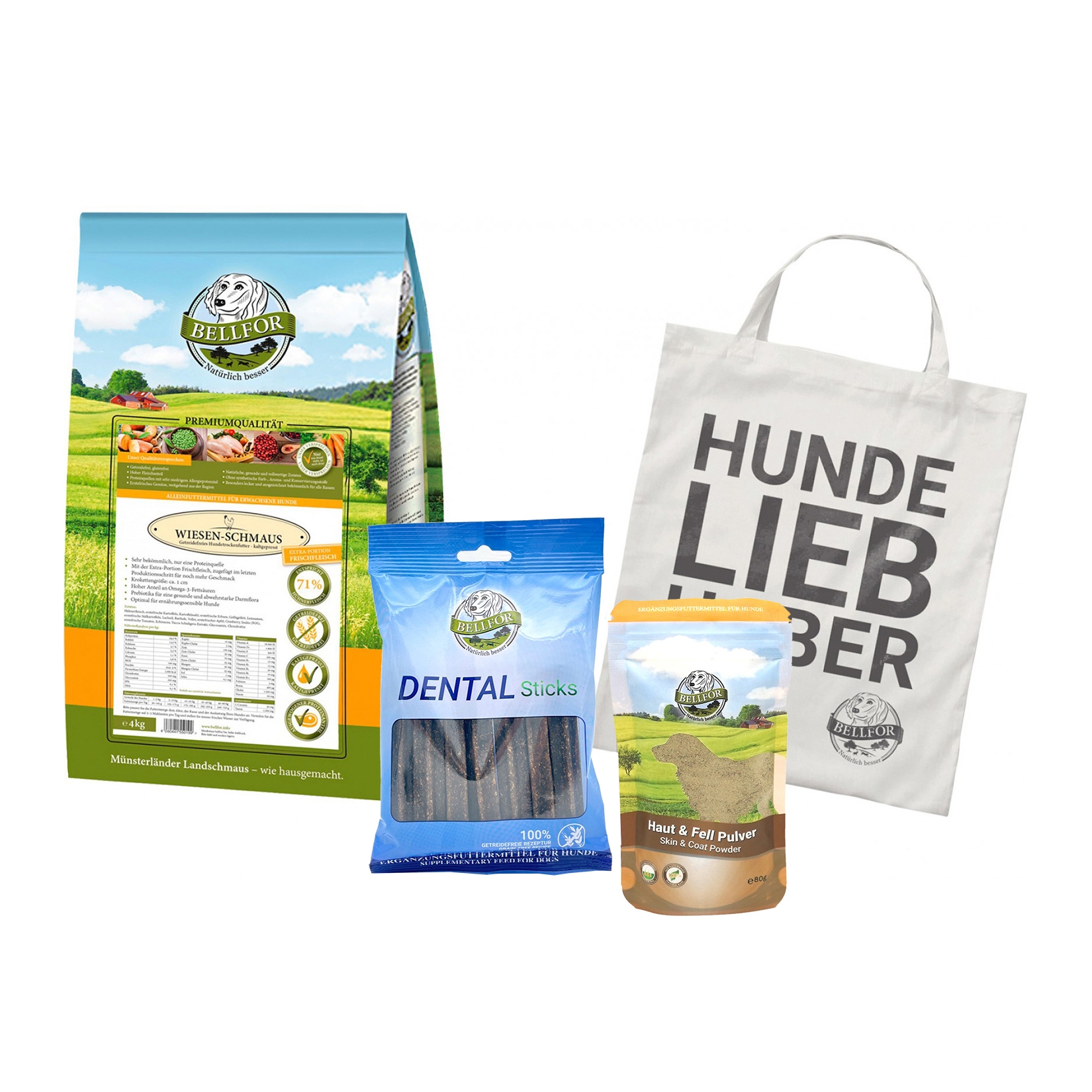 Boxer Futter Set - Wiesen-Schmaus 4 kg + Dental Sticks 100 g + Haut & Fell Pulver 80 g + 1 Jutebeutel