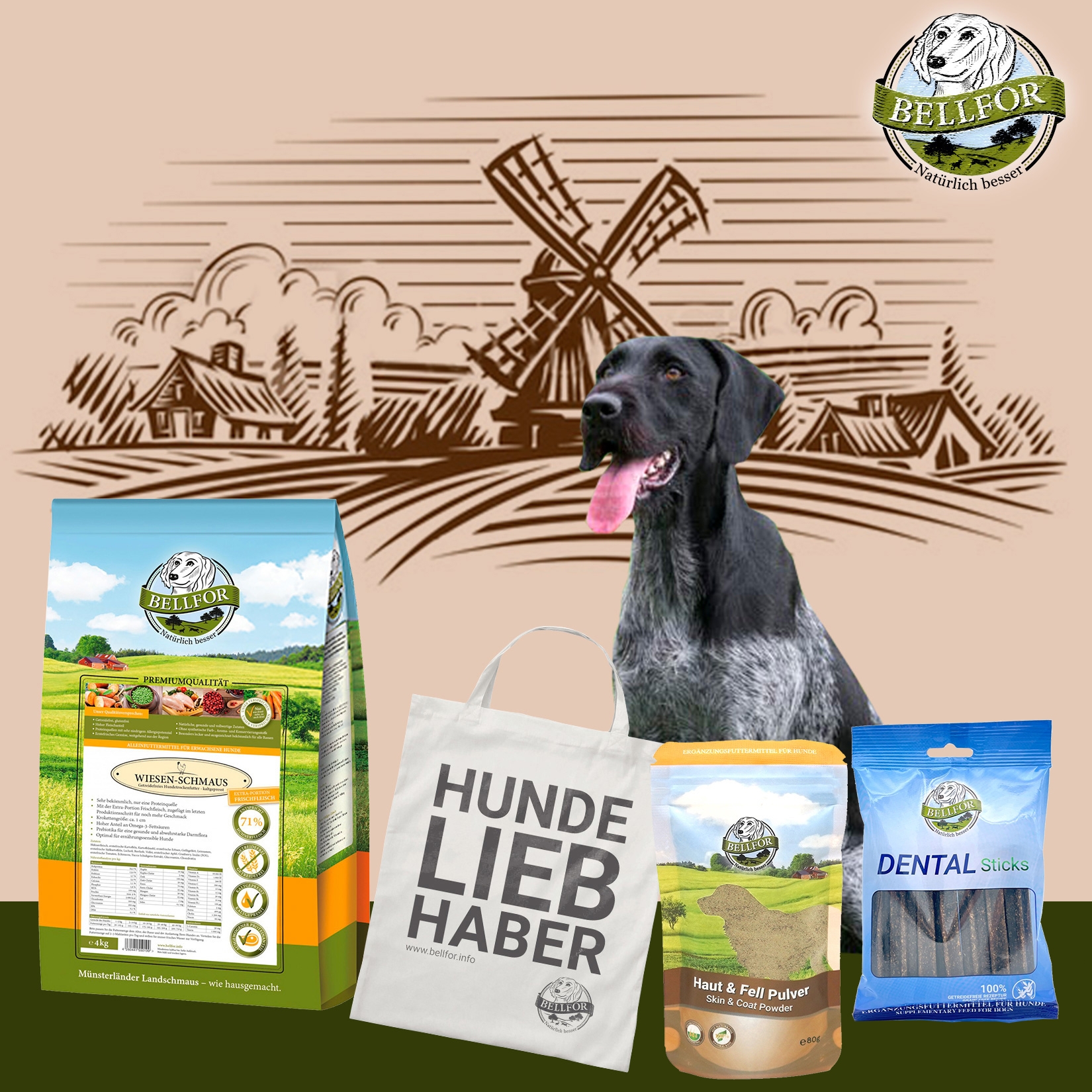 Deutsch Drahthaar Futter Set - Wiesen-Schmaus 4 kg + Dental Sticks 100 g + Haut & Fell Pulver 80 g + 1 Jutebeutel