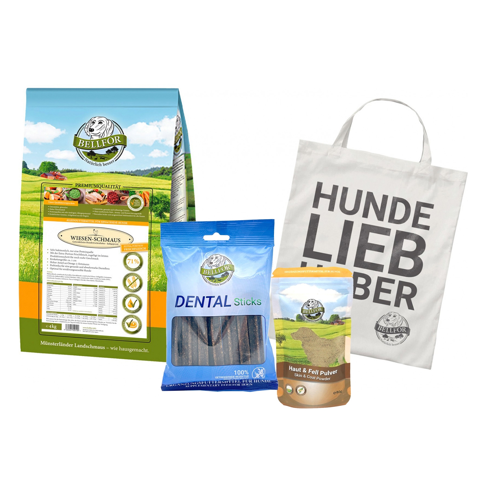Deutsch Drahthaar Futter Set - Wiesen-Schmaus 4 kg + Dental Sticks 100 g + Haut & Fell Pulver 80 g + 1 Jutebeutel