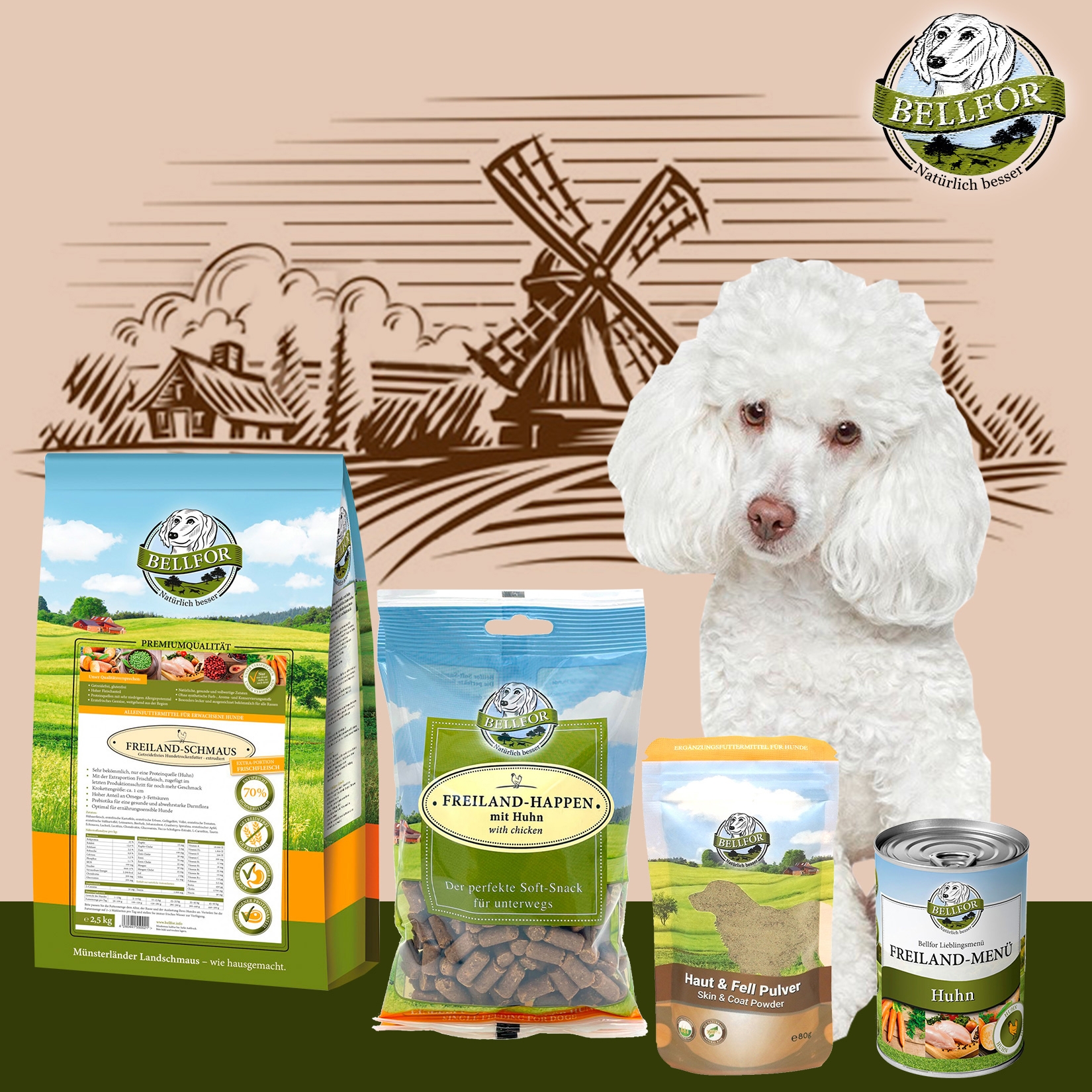 Pudel Futter Set - Freiland-Schmaus 2,5 kg + Freiland-Menü 400 g + Freiland-Happen 200 g + Haut & Fell Pulver 80 g