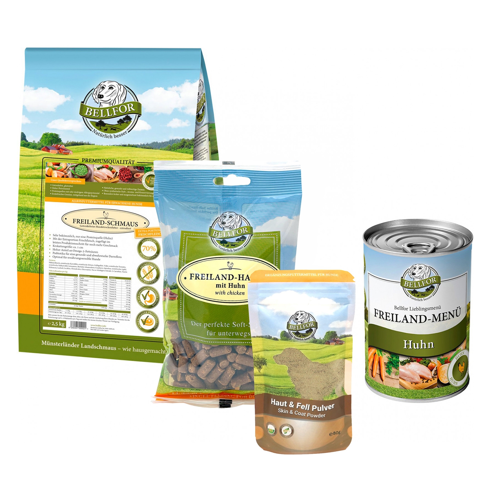 Pudel Futter Set - Freiland-Schmaus 2,5 kg + Freiland-Menü 400 g + Freiland-Happen 200 g + Haut & Fell Pulver 80 g
