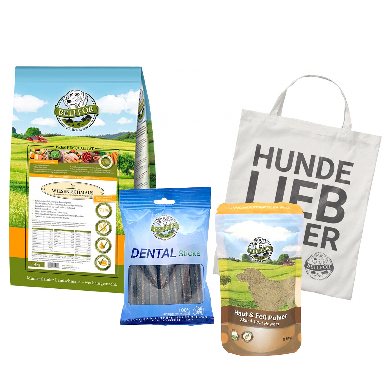 Groß Pudel Futter Set - Wiesen-Schmaus 4 kg + Dental Sticks 100 g + Haut & Fell Pulver 80 g + 1 Jutebeutel