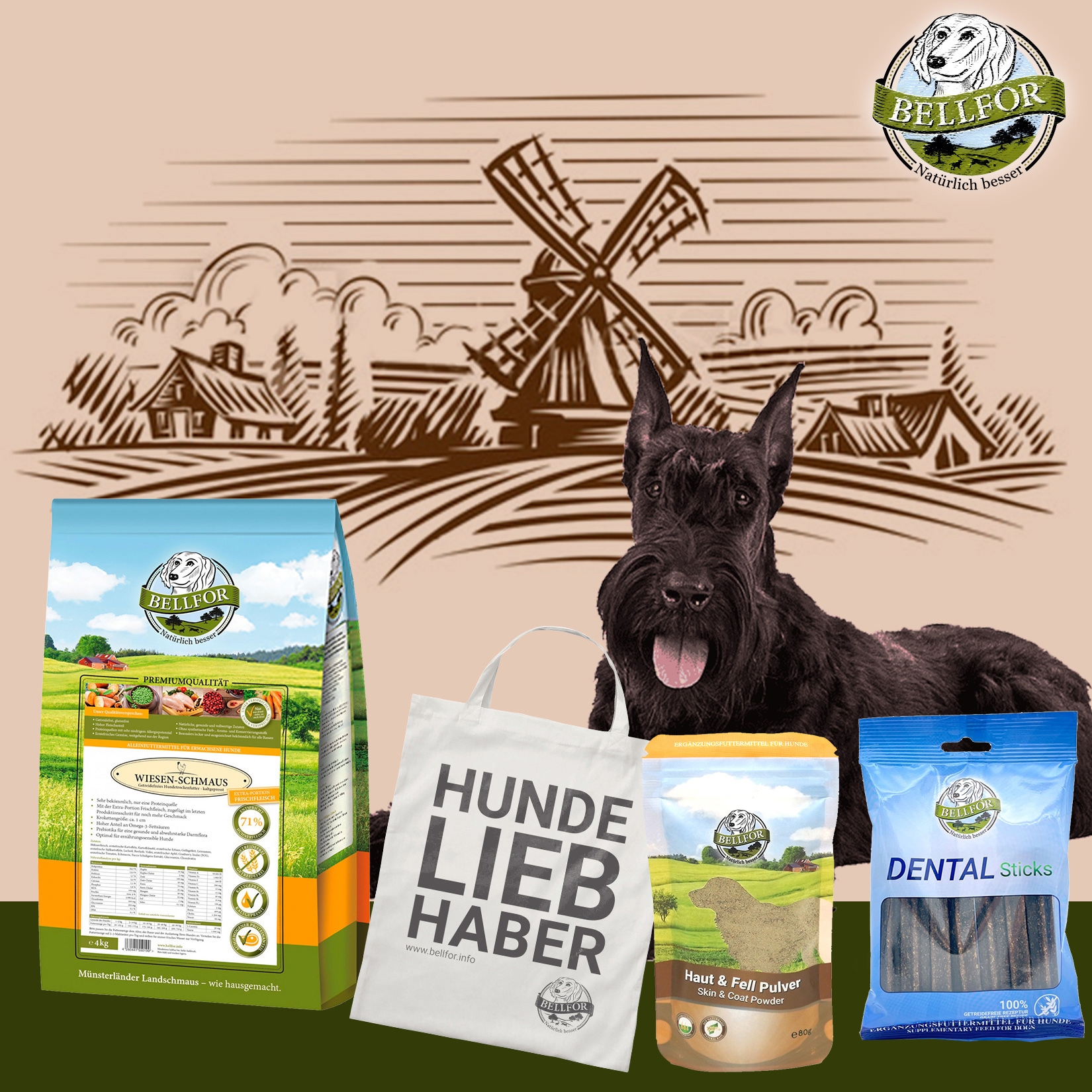 Riesenschnauzer Futter Set - Wiesen-Schmaus 4 kg + Dental Sticks 100 g + Haut & Fell Pulver 80 g + 1 Jutebeutel