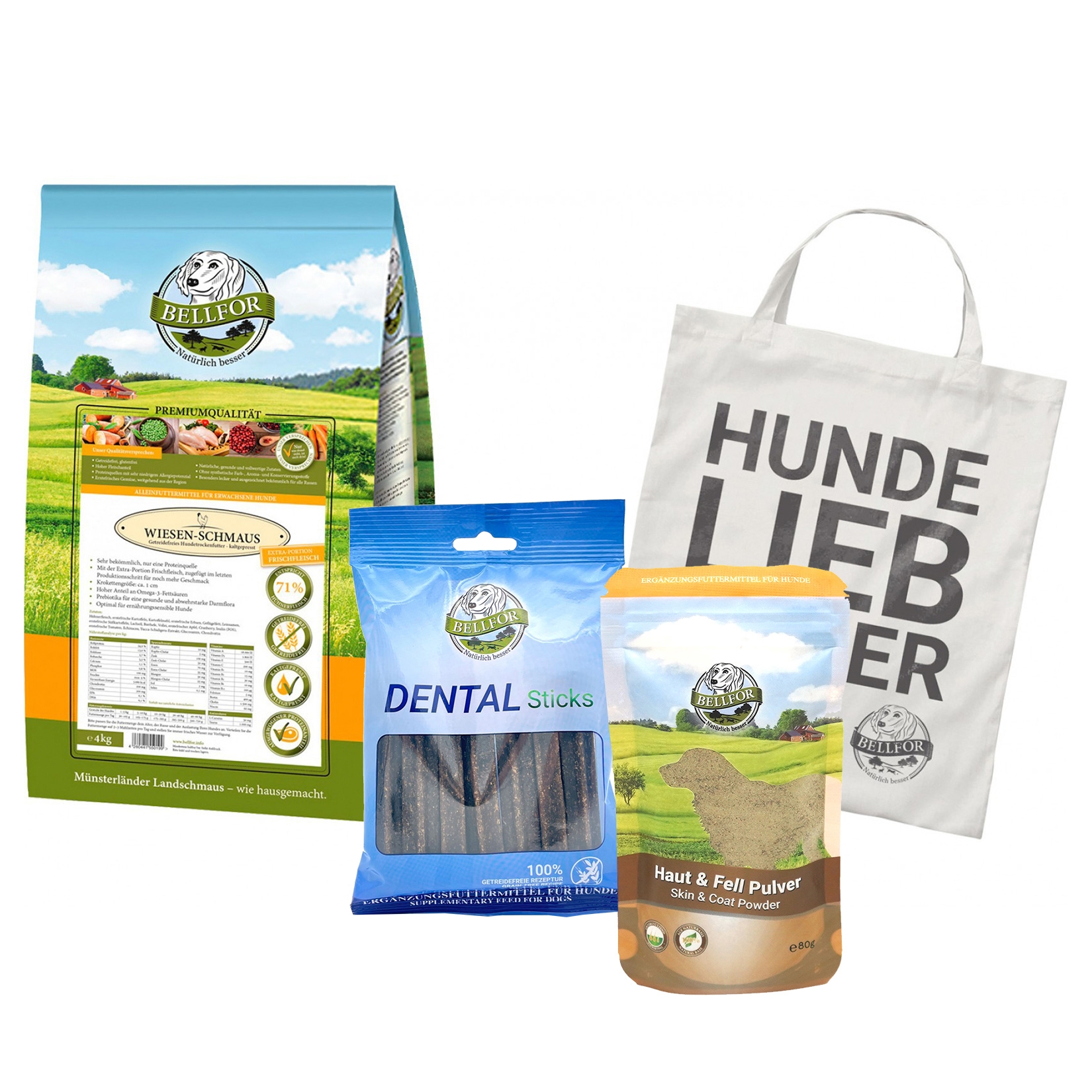 Riesenschnauzer Futter Set - Wiesen-Schmaus 4 kg + Dental Sticks 100 g + Haut & Fell Pulver 80 g + 1 Jutebeutel