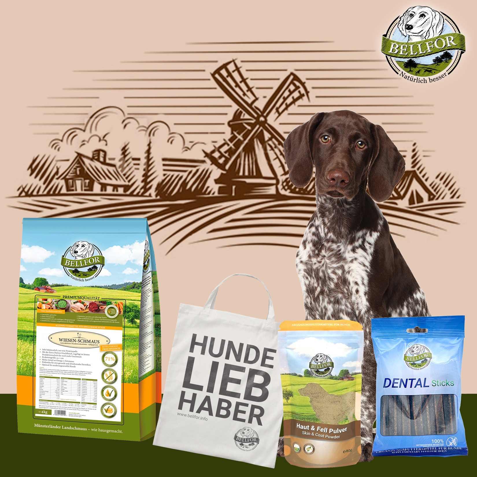 Deutsch Kurzhaar Futter Set - Wiesen-Schmaus 4 kg + Dental Sticks 100 g + Haut & Fell Pulver 80 g + 1 Jutebeutel