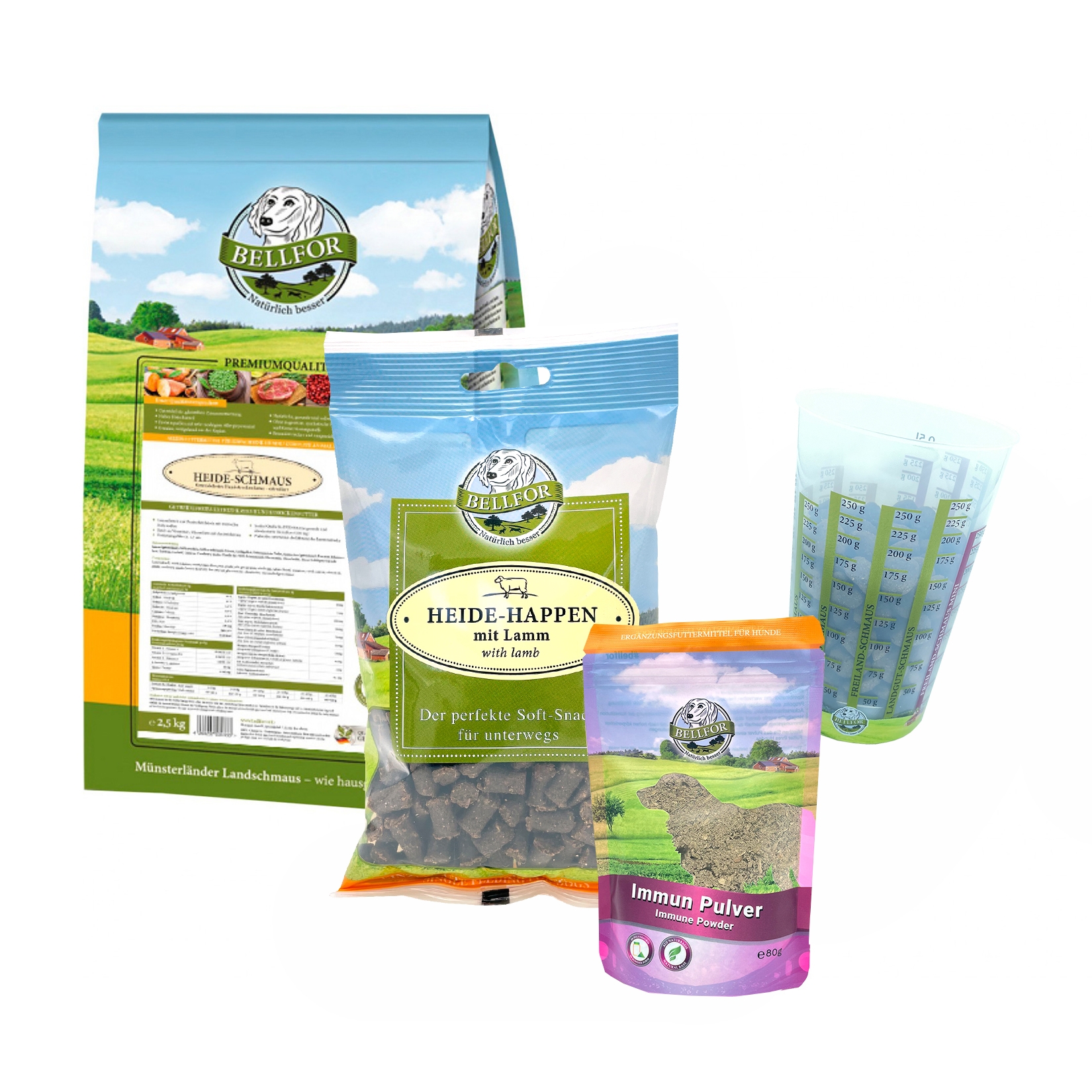 Kleiner Münsterländer Futter Set - Heide-Schmaus 2,5 kg + Heide-Happen 200 g + Immun Pulver 80 g + 1 Messbecher