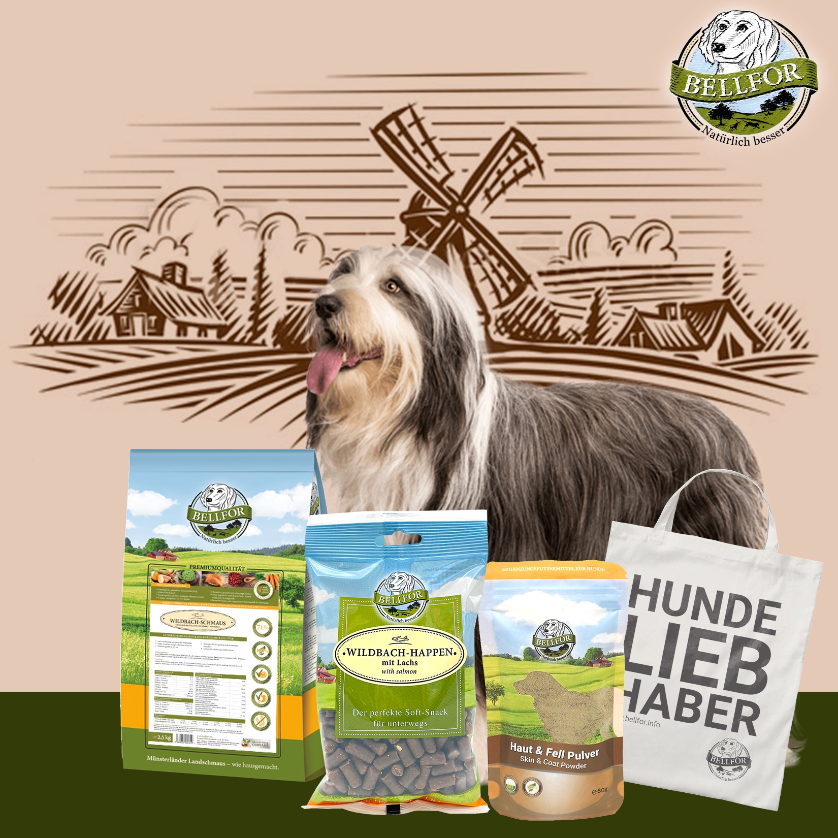 Bearded Collie Futter Set - Wildbach-Schmaus 2,5 kg + Haut & Fell Pulver 80 g + Wildbach-Happen 200 g + 1 Jutebeutel