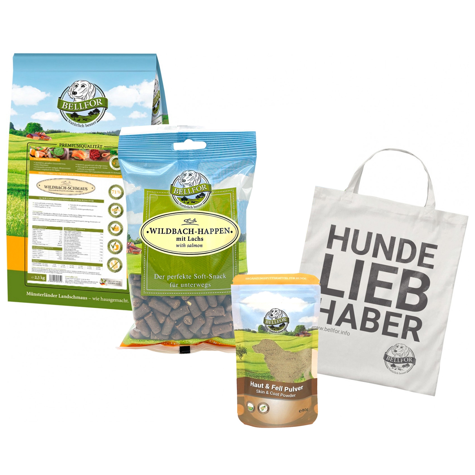 Bearded Collie Futter Set - Wildbach-Schmaus 2,5 kg + Haut & Fell Pulver 80 g + Wildbach-Happen 200 g + 1 Jutebeutel