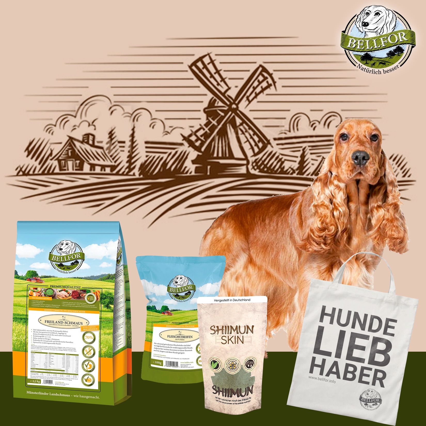 Cocker Spaniel Futter Set - Freiland-Schmaus 2,5 kg + Shiimun Skin 50 g + Fleischstreifen Huhn 100 g + 1 Jutebeutel