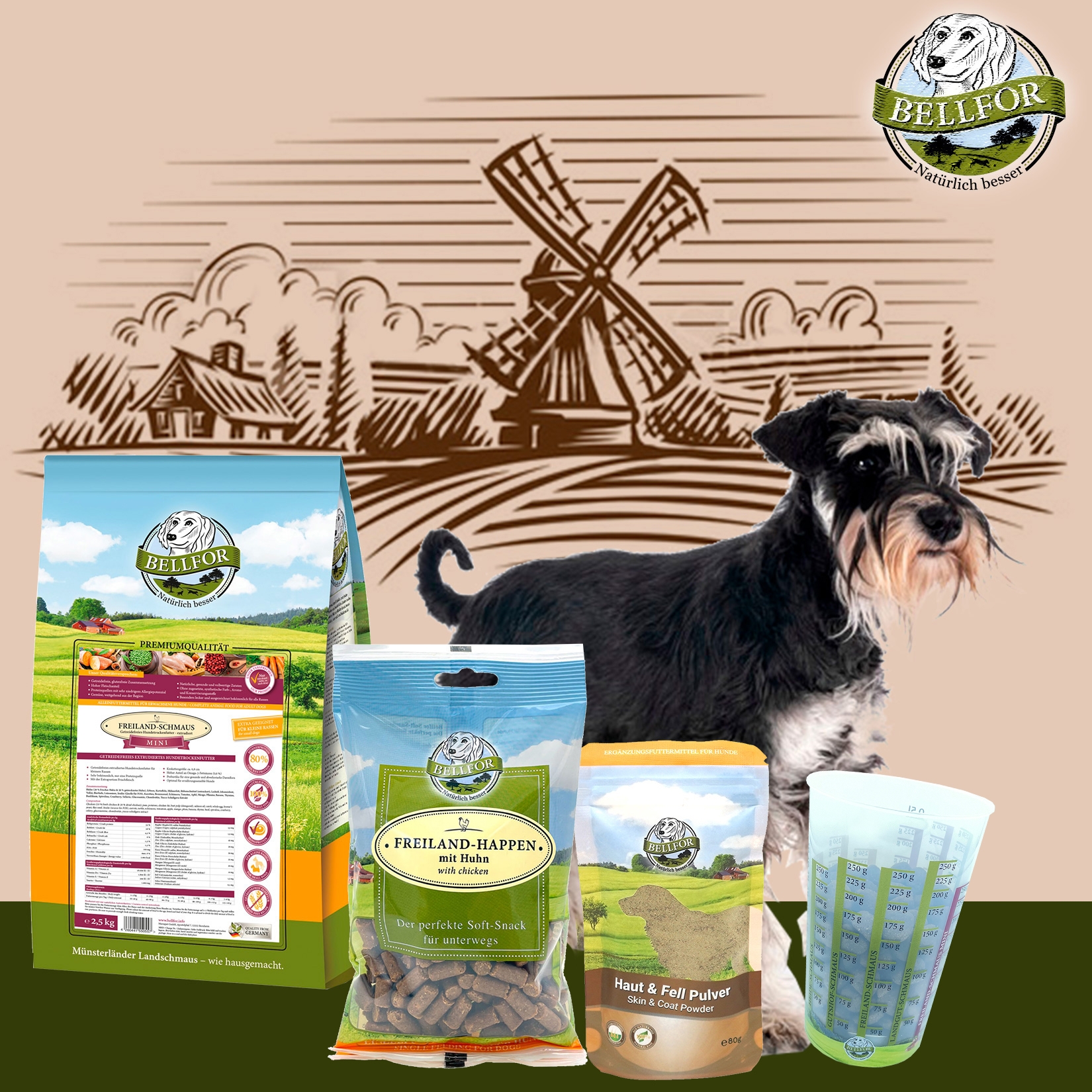 Zwergschnauzer Futter Set - Freiland-Schmaus Mini 2,5 kg + Haut & Fell Pulver 80 g + Freiland-Happen 200 g + 1 Messbecher
