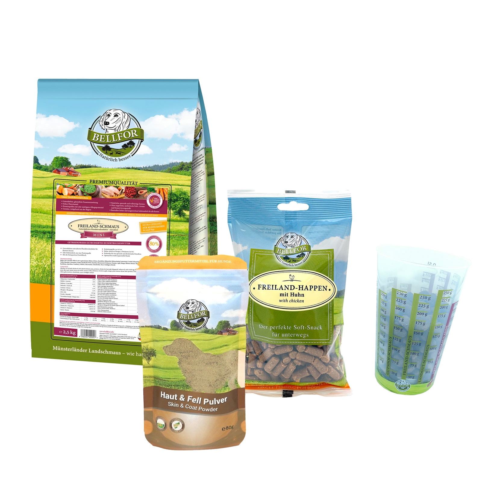 Zwergschnauzer Futter Set - Freiland-Schmaus Mini 2,5 kg + Haut & Fell Pulver 80 g + Freiland-Happen 200 g + 1 Messbecher