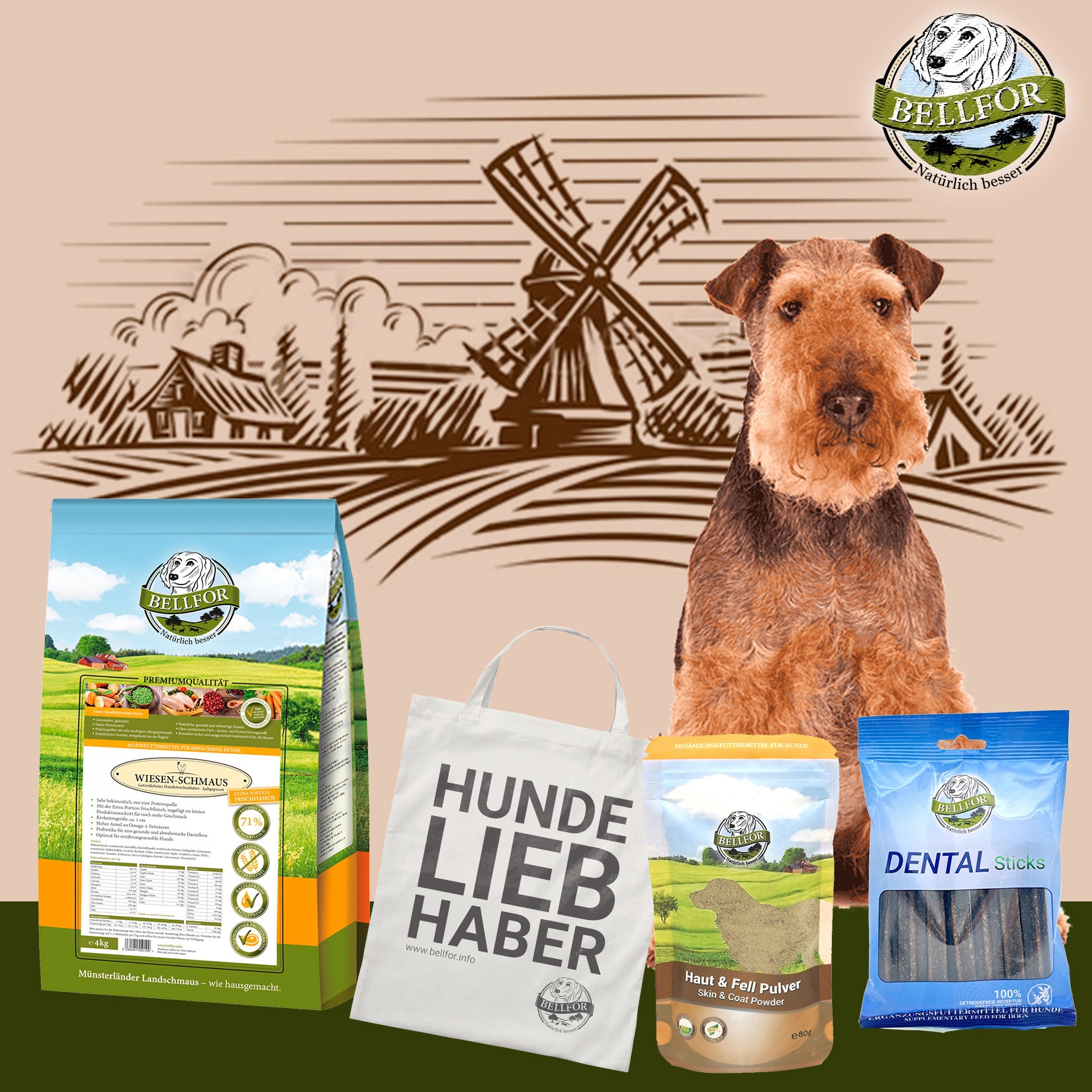 Airedale Terrier Futter Set - Wiesen-Schmaus 4 kg + Dental Sticks 100 g + Haut & Fell Pulver 80 g + 1 Jutebeutel