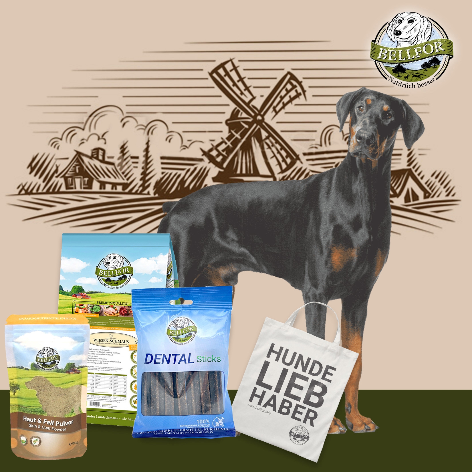 Dobermann Futter Set - Wiesen-Schmaus 4 kg + Dental Sticks 100 g + Haut & Fell Pulver 80 g + 1 Jutebeutel