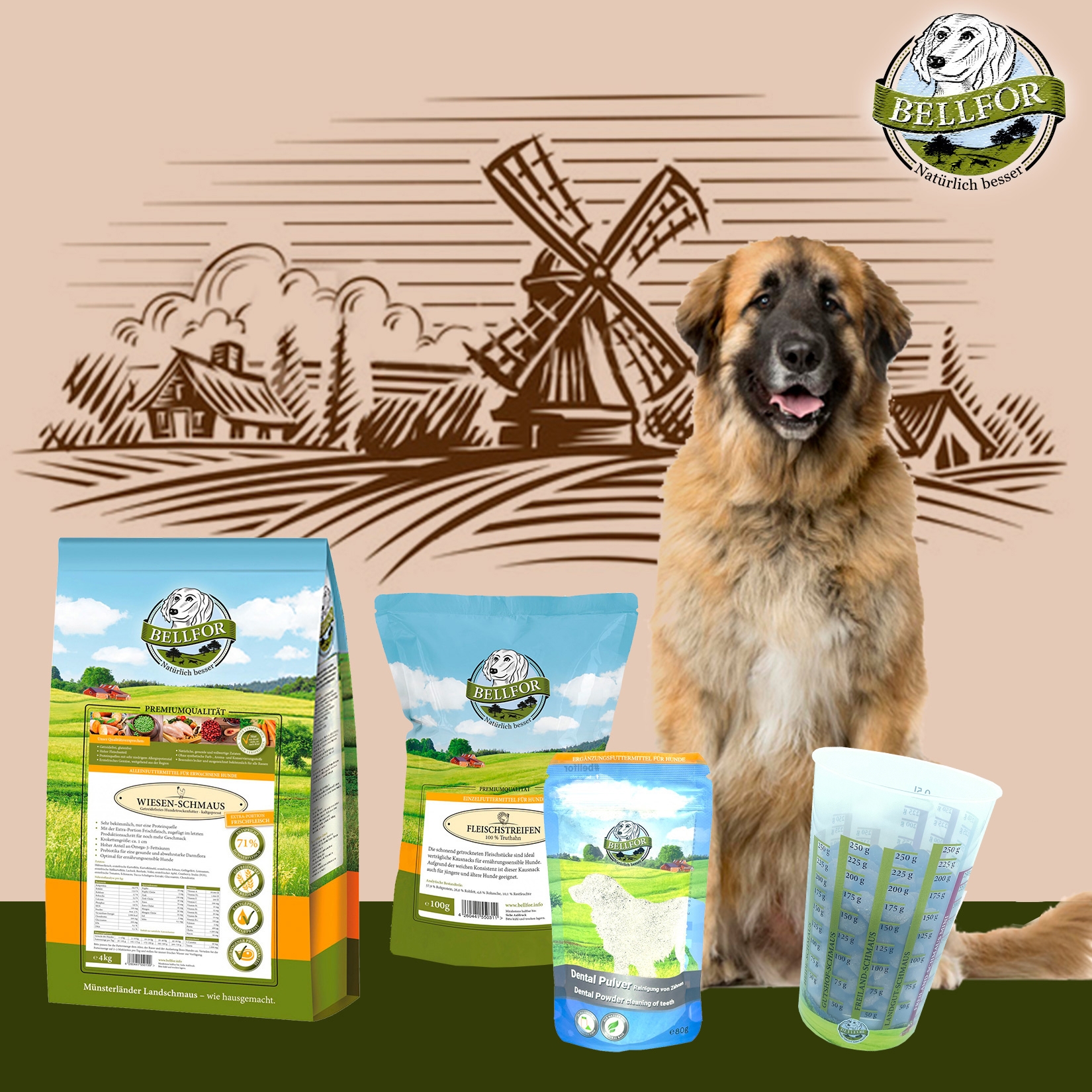 Leonberger Futter Set - Wiesen-Schmaus 4 kg + Dental Pulver 80 g + Truthahn Trockenfleisch 100 g + 1 Messbecher