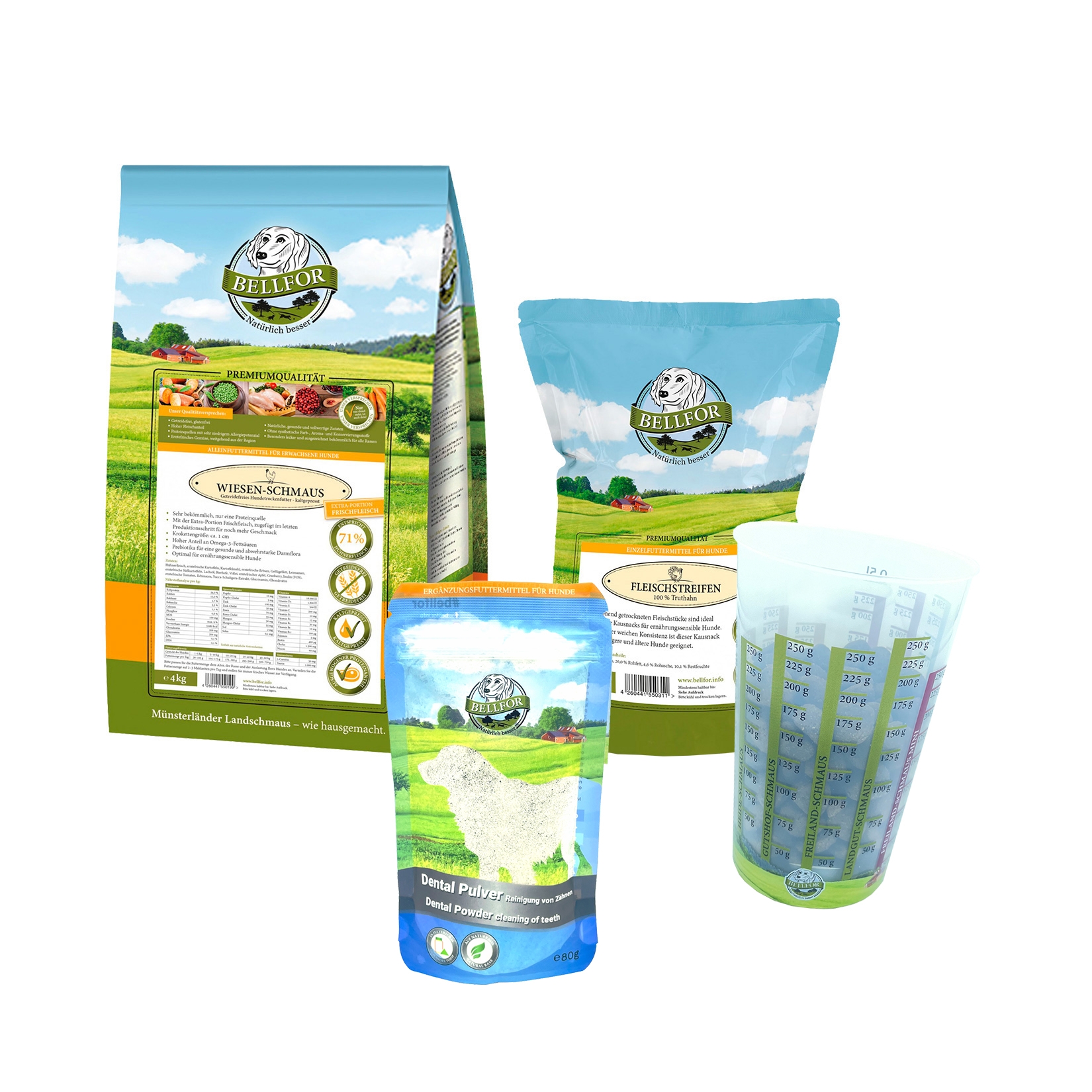 Leonberger Futter Set - Wiesen-Schmaus 4 kg + Dental Pulver 80 g + Truthahn Trockenfleisch 100 g + 1 Messbecher