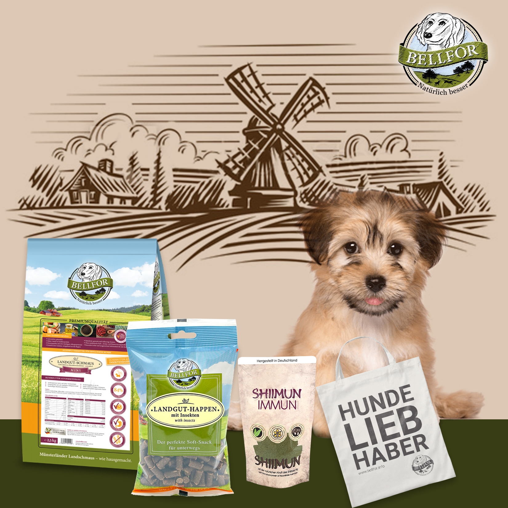 Havaneser Futter Set - Landgut-Schmaus Mini 2,5 kg + Landgut-Happen 200 g + Shiimun Immun 50 g + 1 Jutebeutel