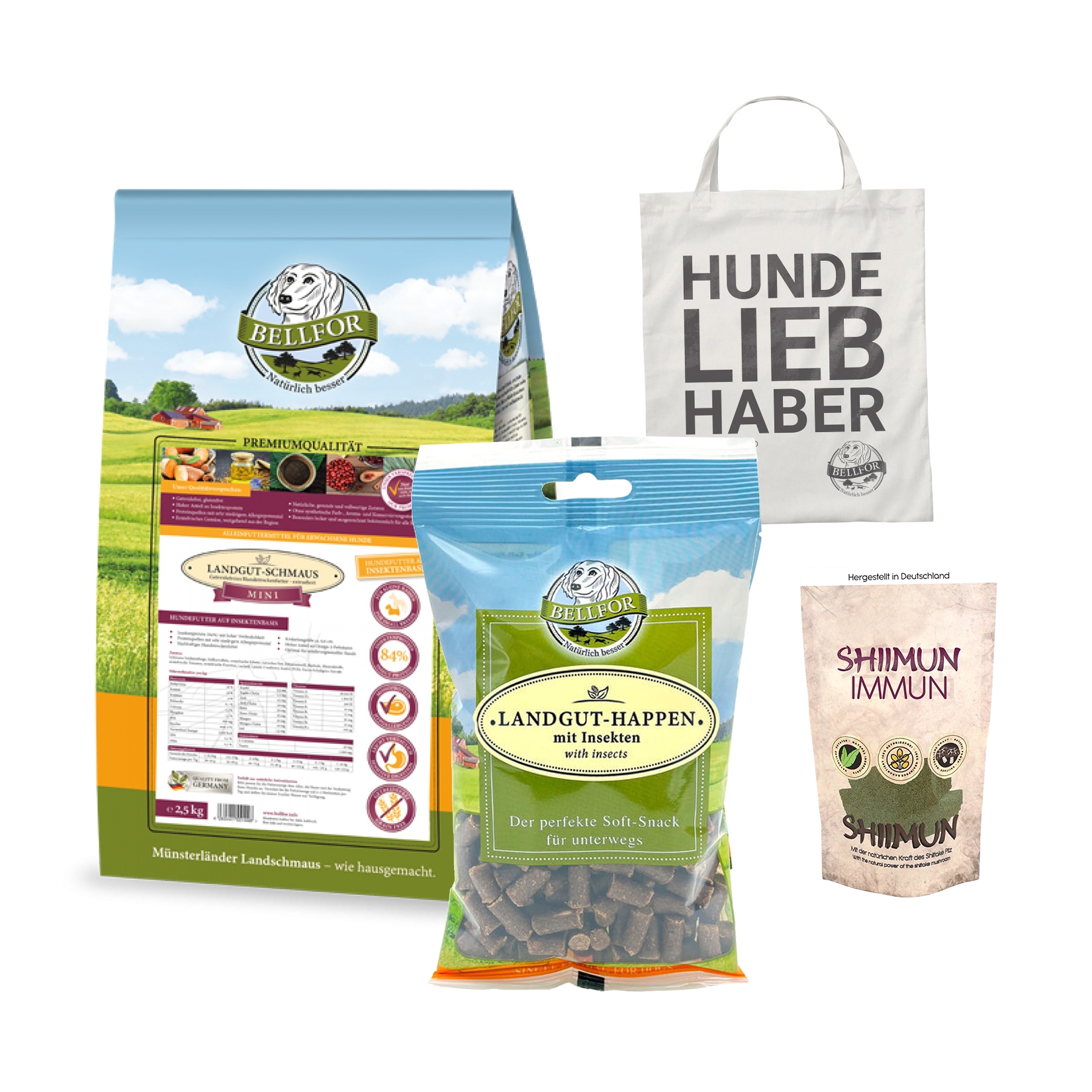 Havaneser Futter Set - Landgut-Schmaus Mini 2,5 kg + Landgut-Happen 200 g + Shiimun Immun 50 g + 1 Jutebeutel