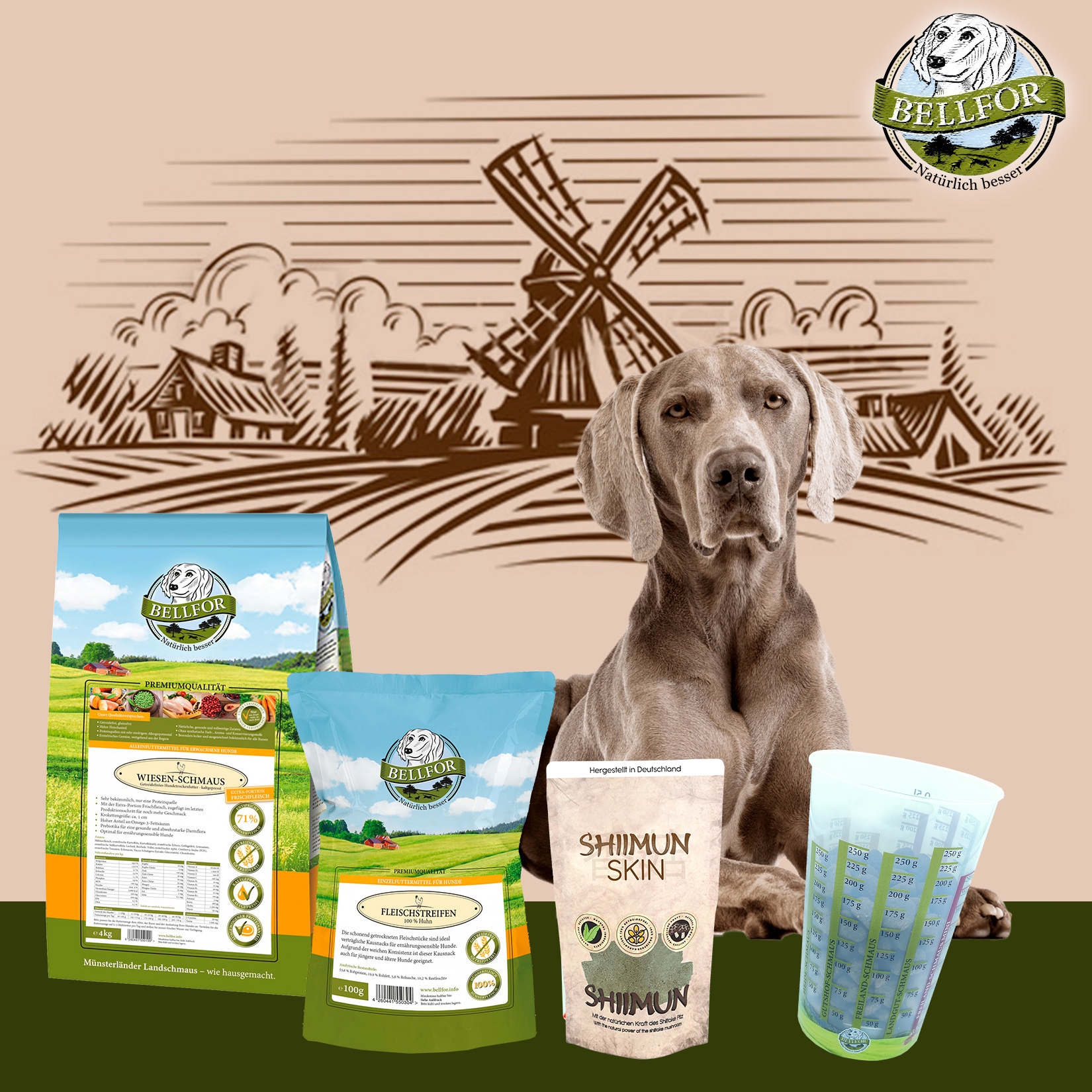 Weimaraner Futter Set - Wiesen-Schmaus 4 kg + Shiimun Skin 120 g + Hühner Trockenfleisch 100 g + 1 Messbecher