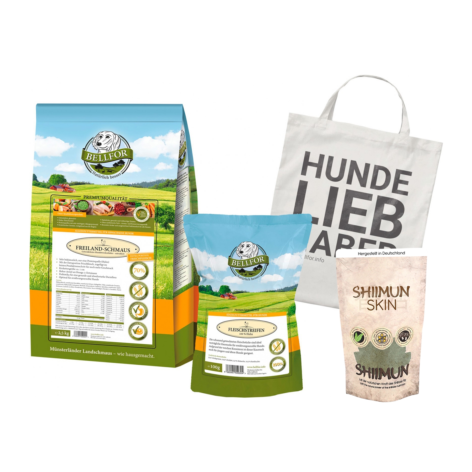 Cavalier Futter Set - Freiland-Schmaus 2,5 kg + Shiimun Skin 50 g + Fleischstreifen Huhn 100 g + 1 Jutebeutel