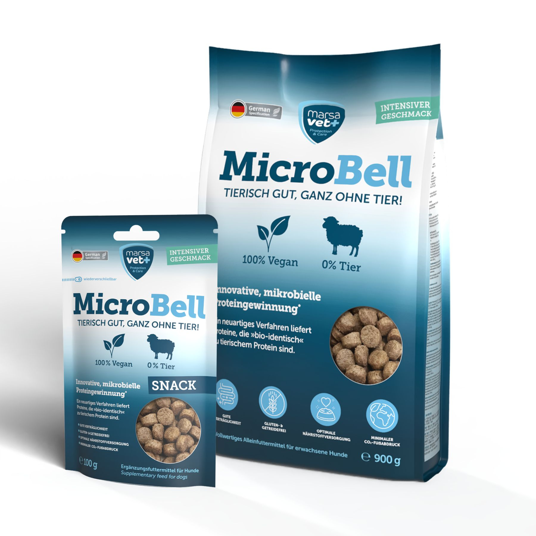 Marsavet MicroBell – Veganes Hundefutter-Set mit mikrobiellem Protein: Vegane MicroBell  Trockenfutter 900 g und Snacks 100 g für Hunde