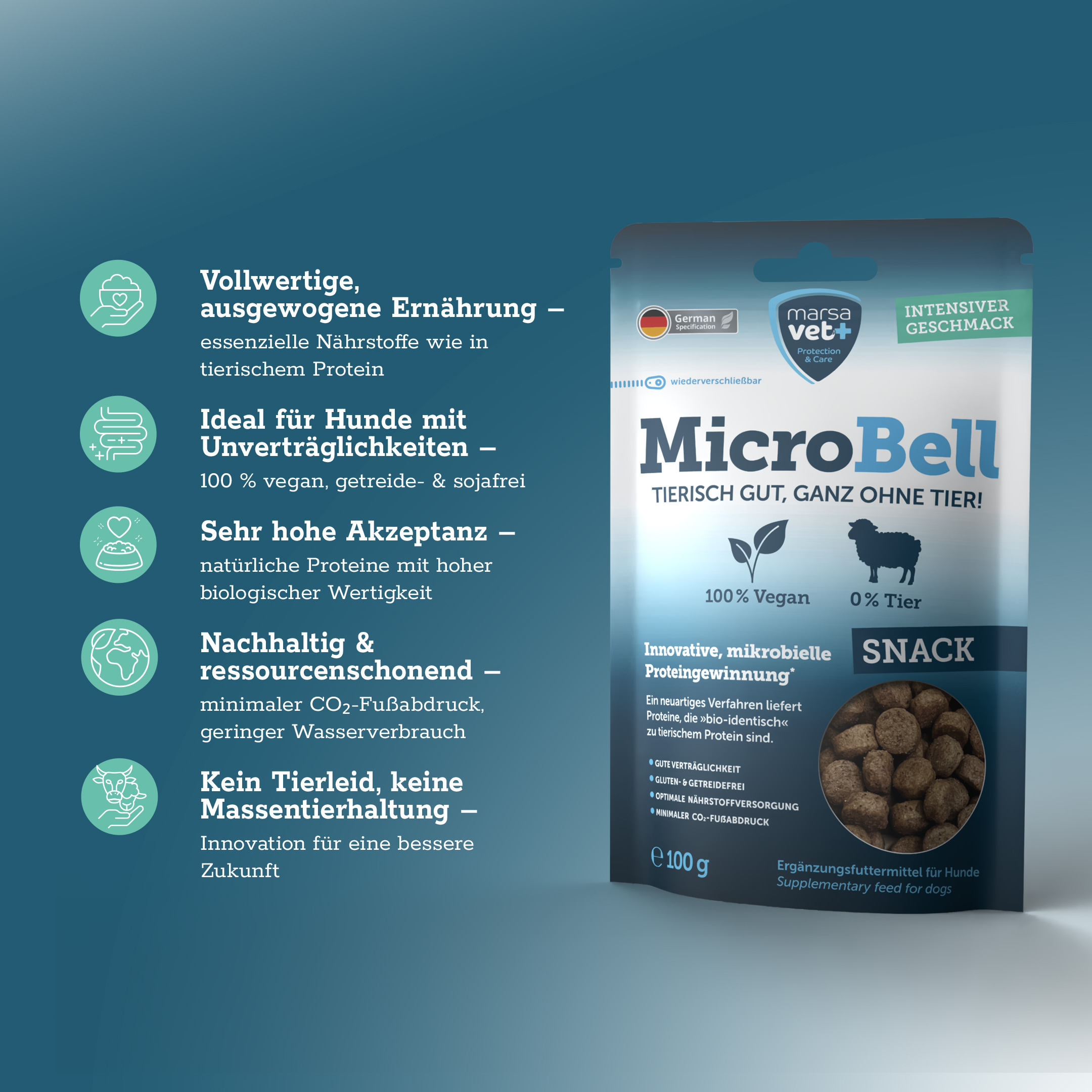 Marsavet MicroBell – Veganes Hundefutter-Set mit mikrobiellem Protein: Vegane MicroBell Trockenfutter 900 g und Snacks 100 g für Hunde