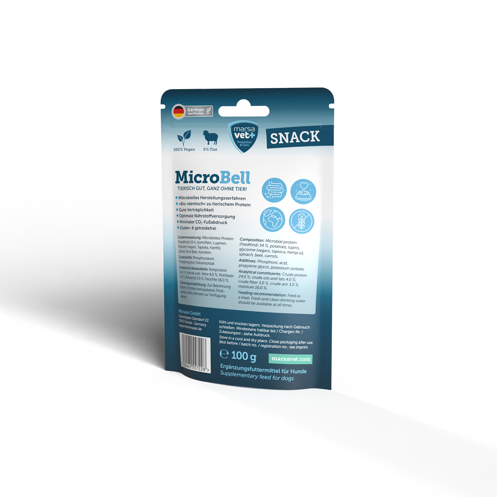 Marsavet MicroBell – Veganes Hundefutter-Set mit mikrobiellem Protein: Vegane MicroBell Trockenfutter 900 g und Snacks 100 g für Hunde