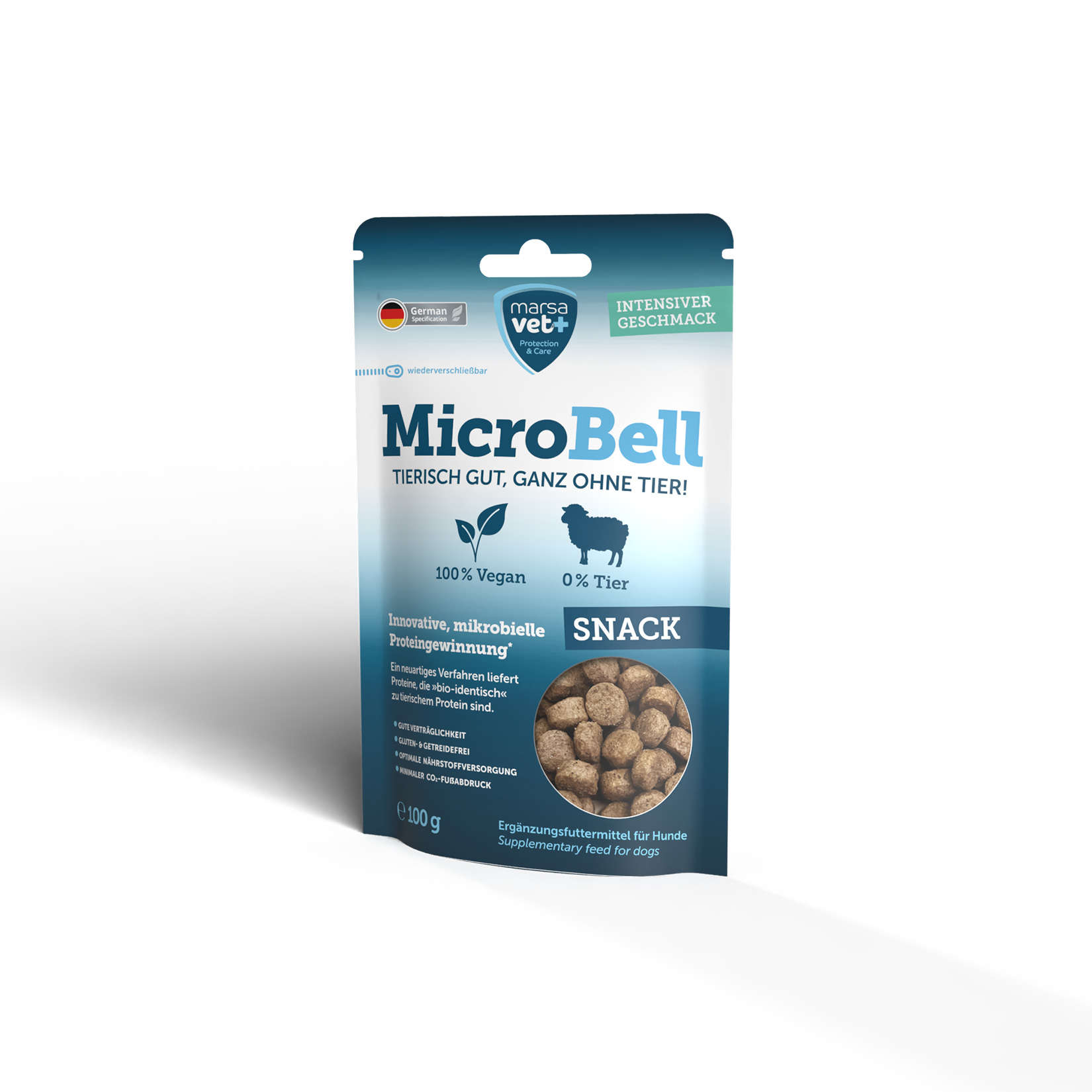 Marsavet MicroBell – Veganes Hundefutter-Set mit mikrobiellem Protein: Vegane MicroBell Trockenfutter 900 g und Snacks 100 g für Hunde