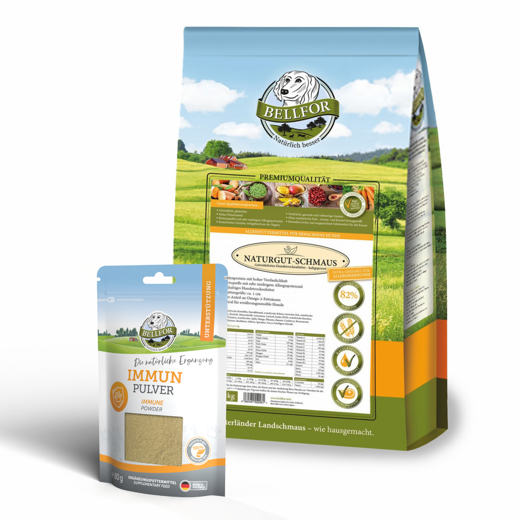 Bellfor Futterset für große Hunde – Naturgut-Schmaus 4 kg + Immun Pulver 80 g