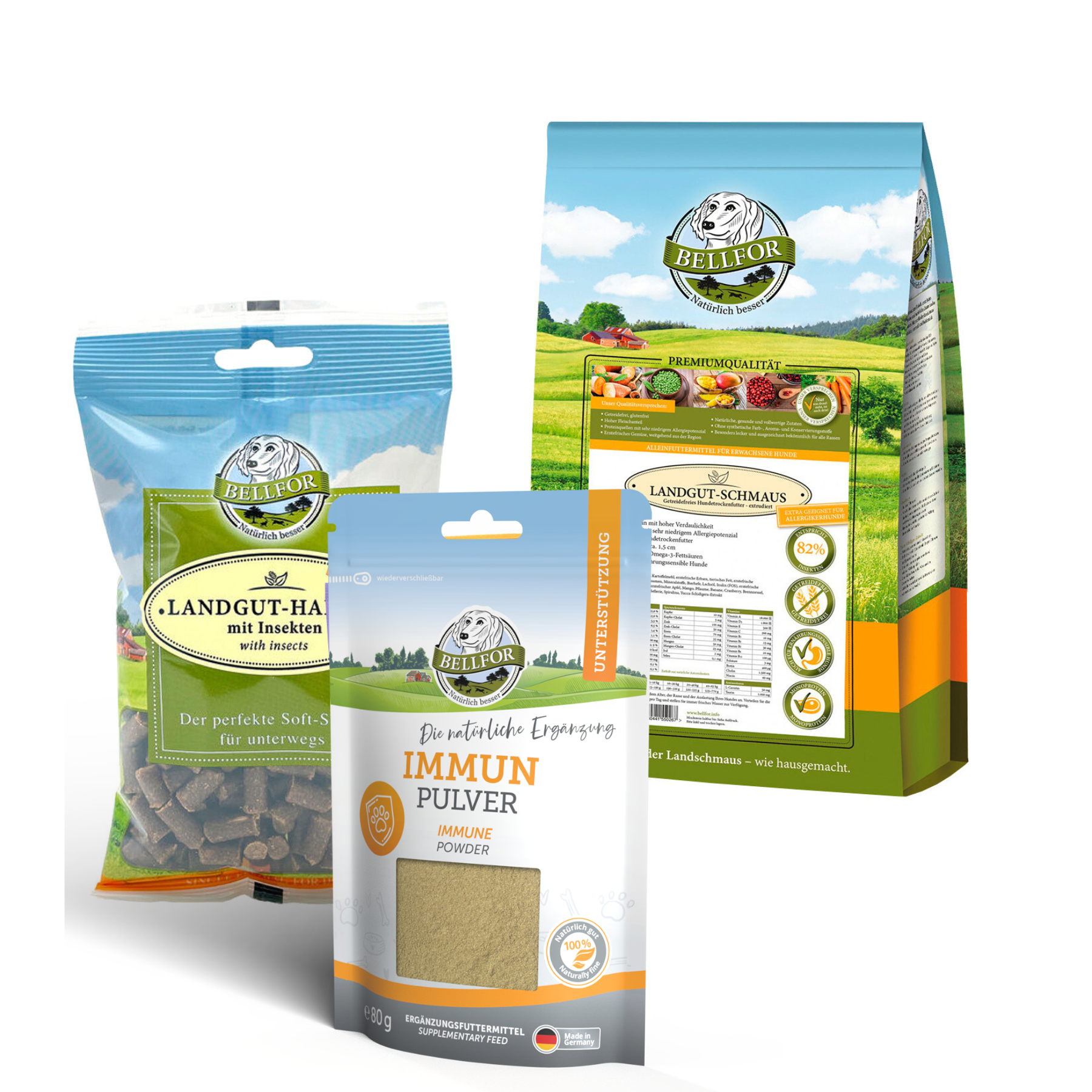Bellfor Purinarm Set für Hunde - Landgut-Schmaus 7,5 kg + Immun Pulver 80 g + Landgut-Happen 200 g